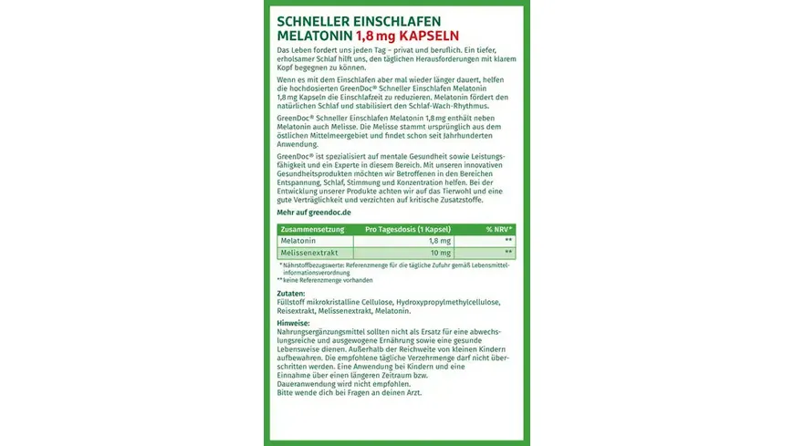 GreenDoc Melatonin Kapseln stark 1,8mg