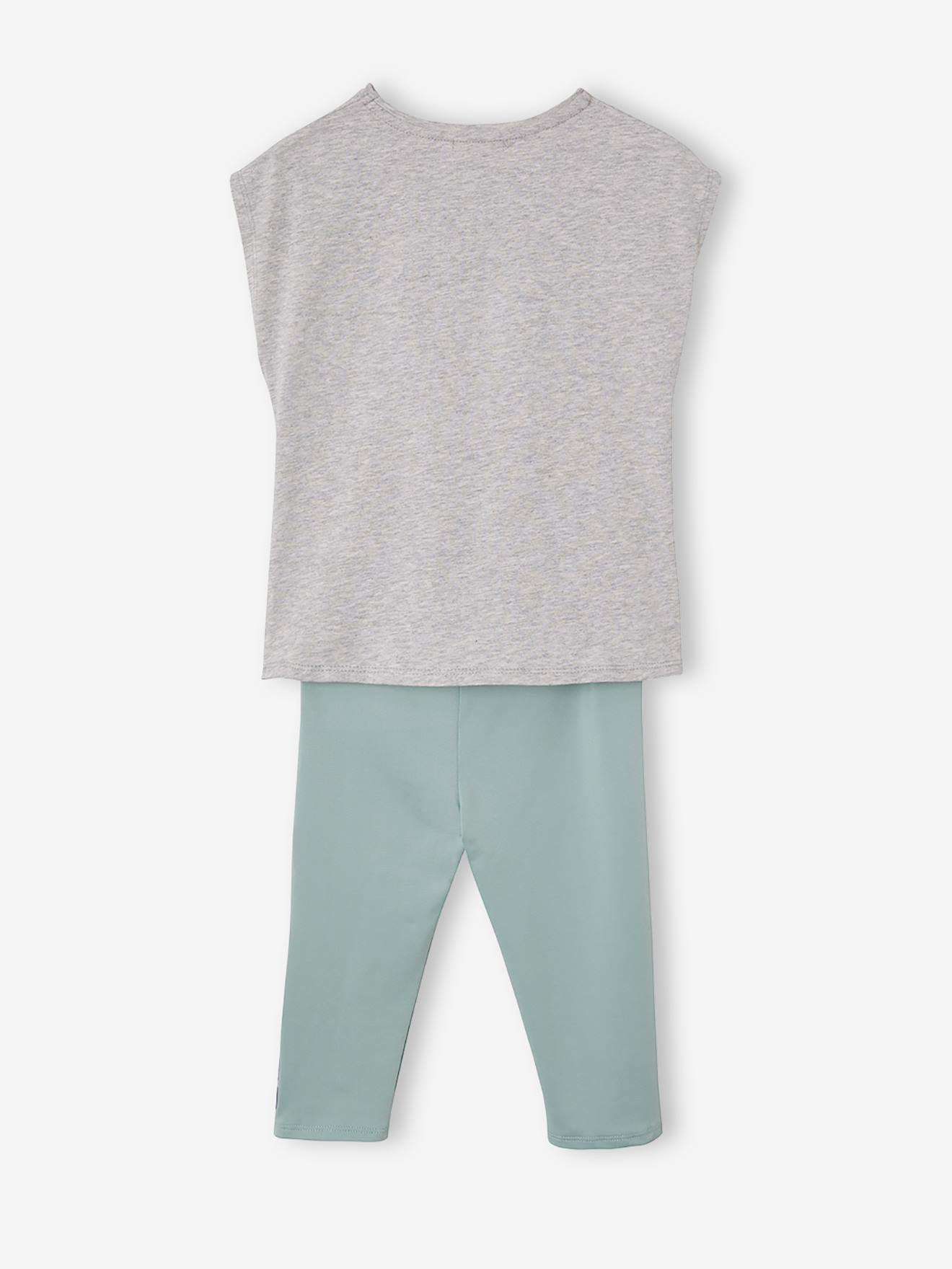 Ensemble de sport fille T-shirt fantaisie et legging gris chiné