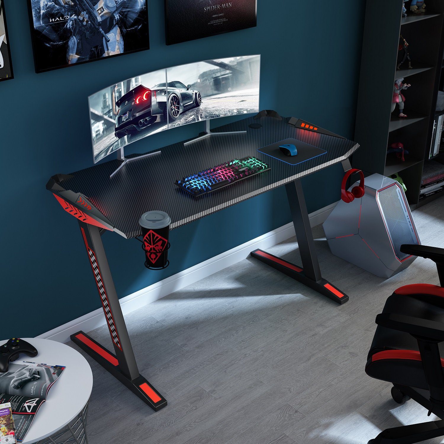 Yulukia Gamingtisch PC-Computer-Gaming-Schreibtisch, Getränkehalter und Kopfhörerhaken, Z-förmiger PC-Computer-Gaming-Schreibtisch