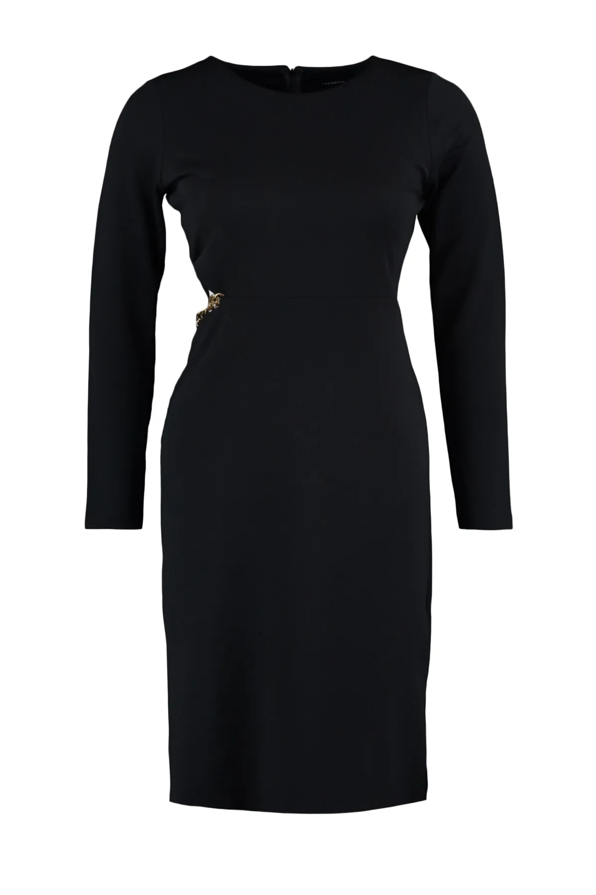Trendyol Curve  Schwarzes Strickkleid mit Gürtelkette und detailliertem Rundhalsausschnitt mit Ausschnitten TBBAW23AH00123