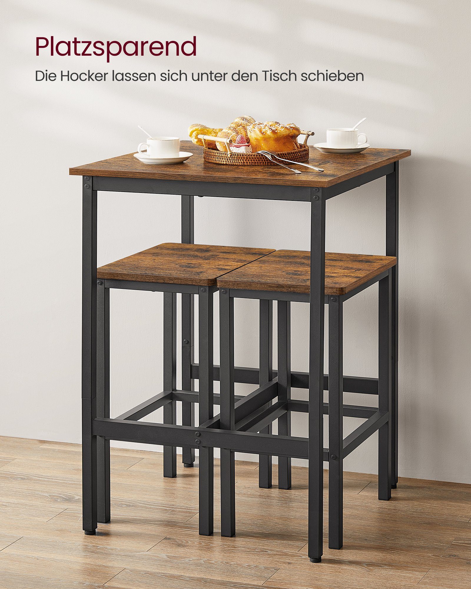 VASAGLE Bartisch Bartisch-Set, Esstisch(60 x 60 x 90 cm) mit 2 Barhochern