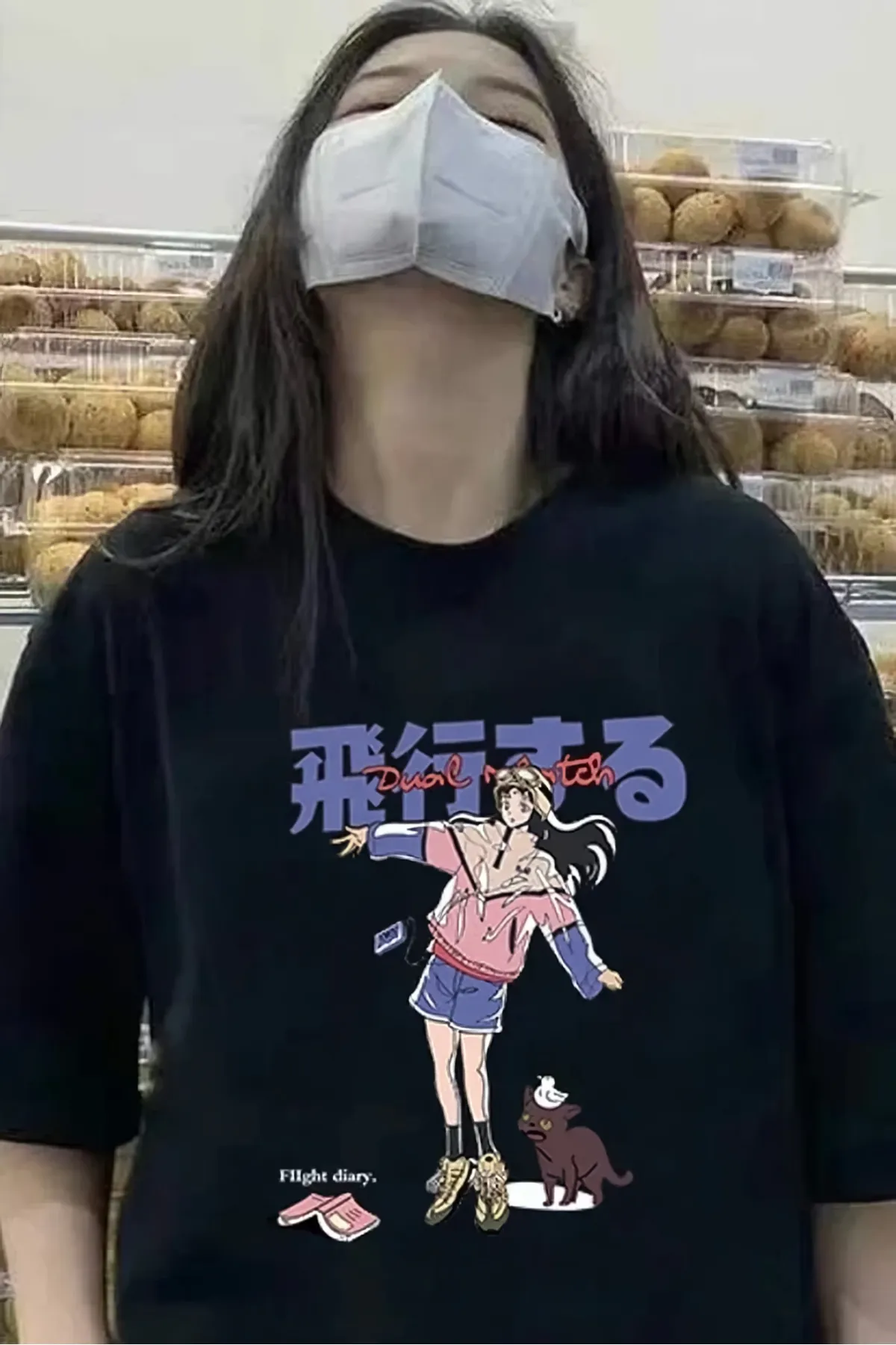 EFBUTİK  Schwarzes Unisex-T-Shirt mit chinesischem Katzenmädchen-Schriftzug