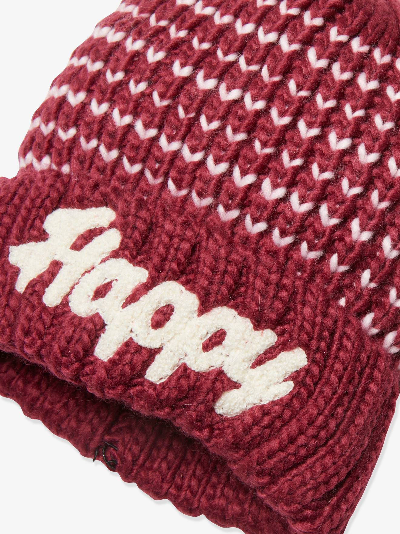 Bonnet fille en maille jacquard et pompon en fausse fourrure framboise
