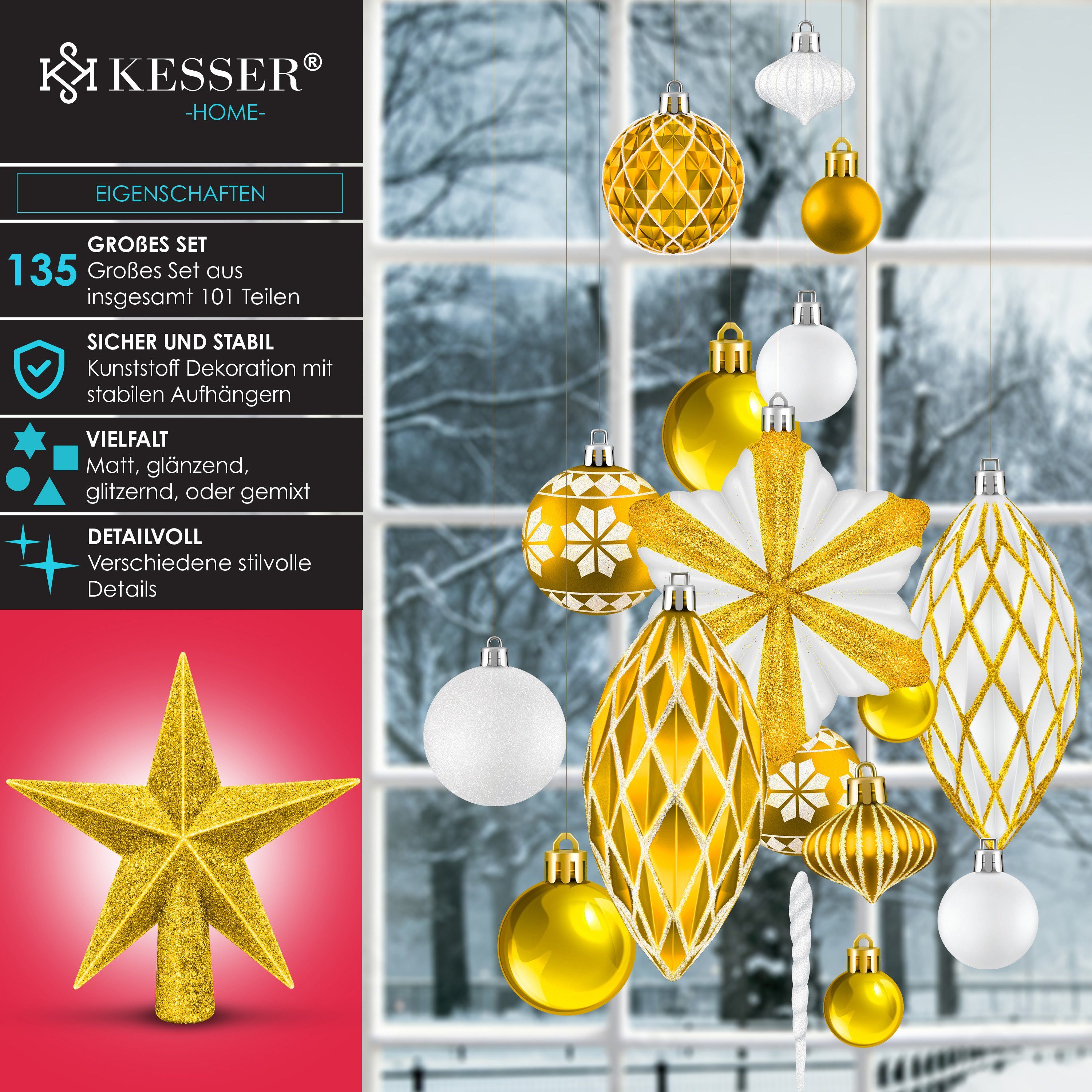 KESSER Christbaumschmuck (135-tlg), Weihnachtskugeln 105-teiliges Set Baumspitze Christbaumkugeln