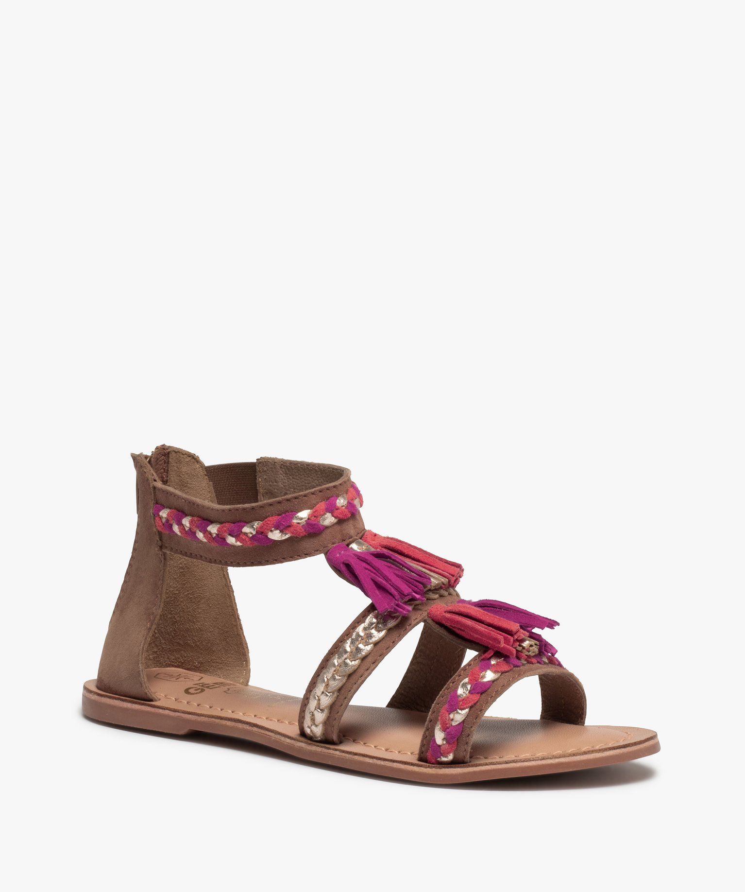 Sandales fille zippées à brides et pompons en cuir marron | GEMO