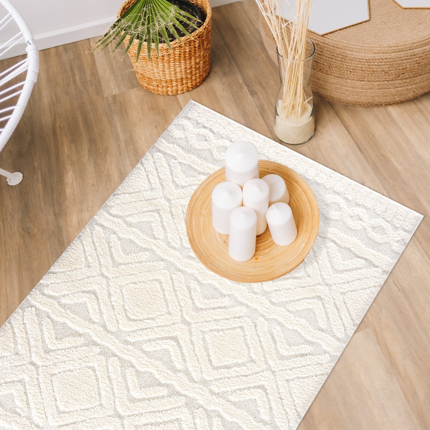 Hochflor-Teppich Boho Skandinavisch Style - Pastellfarben - Raute Muster Meliert, payé, Rechteckig, Höhe: 20 mm, Cut-Loop