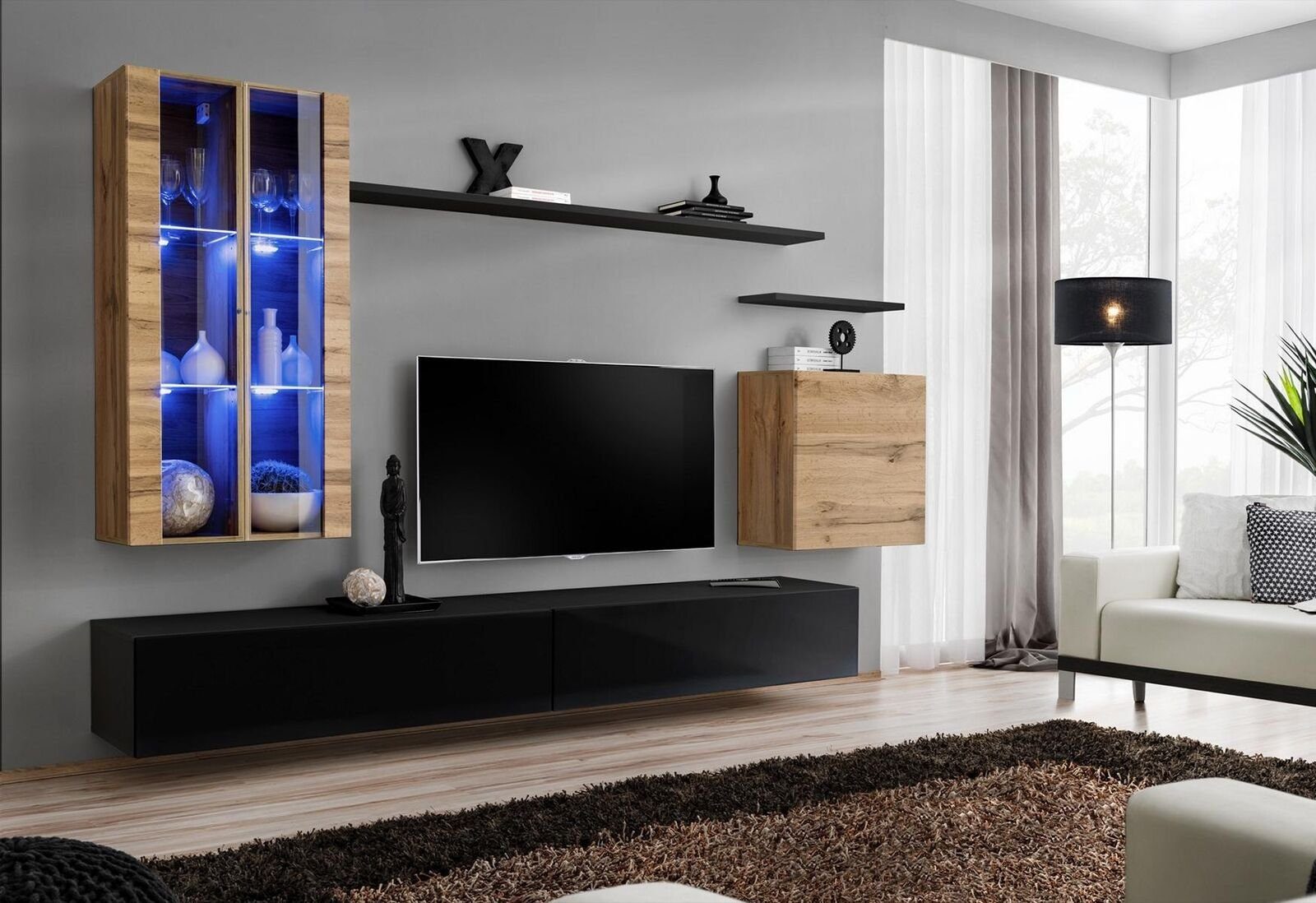 JVmoebel Wohnzimmer-Set Wohnwand Holzmöbel Schwarz TV-Ständer Sideboard Wandschrank, (8-St., 1x Wohnwand + 2x TV Ständer + 3x Wandschrank + 2x Wandregal), Made in Europa