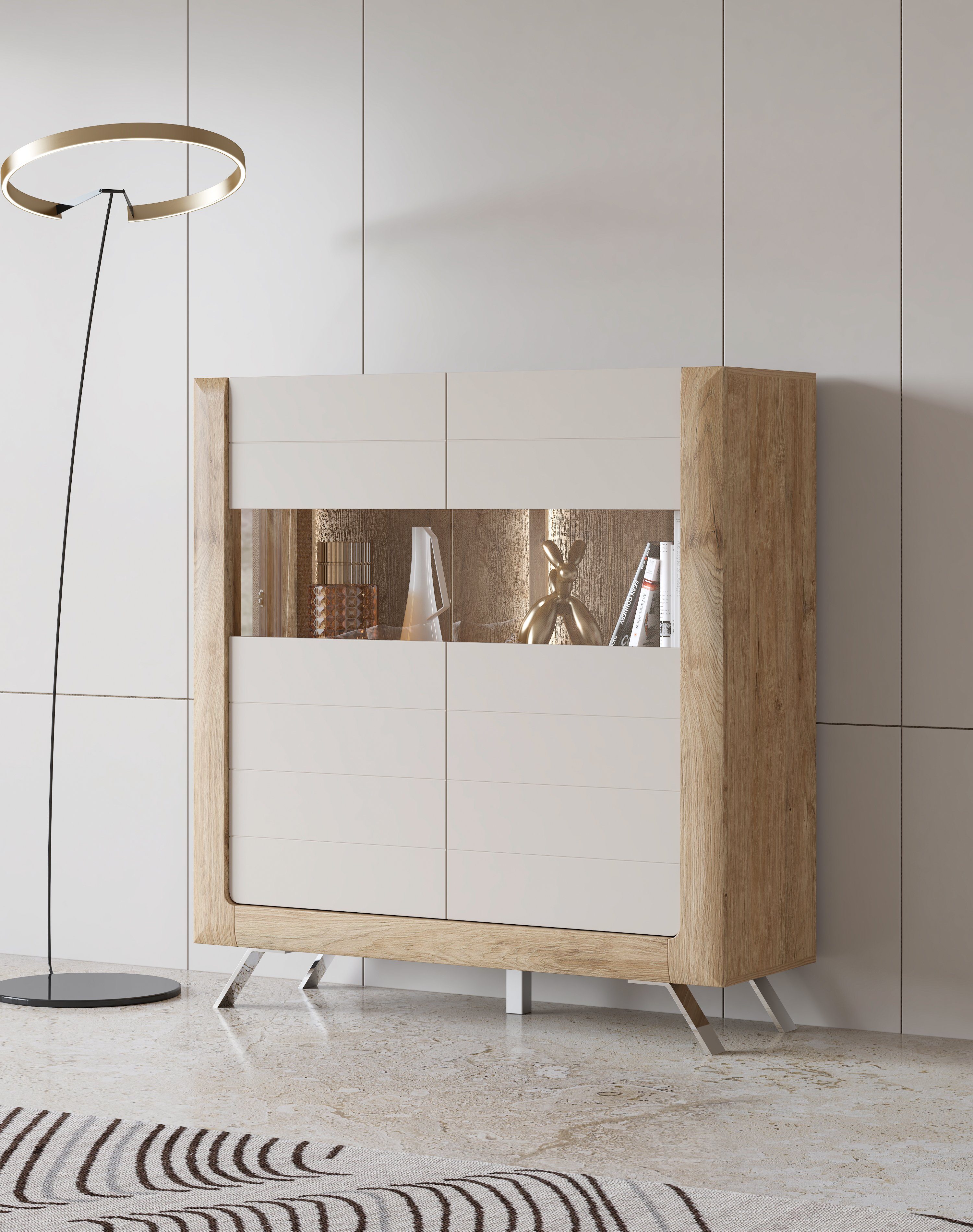 Leonique Highboard Kasai, Höhe 136,5 cm, 2 Türen mit Glaseinsatz