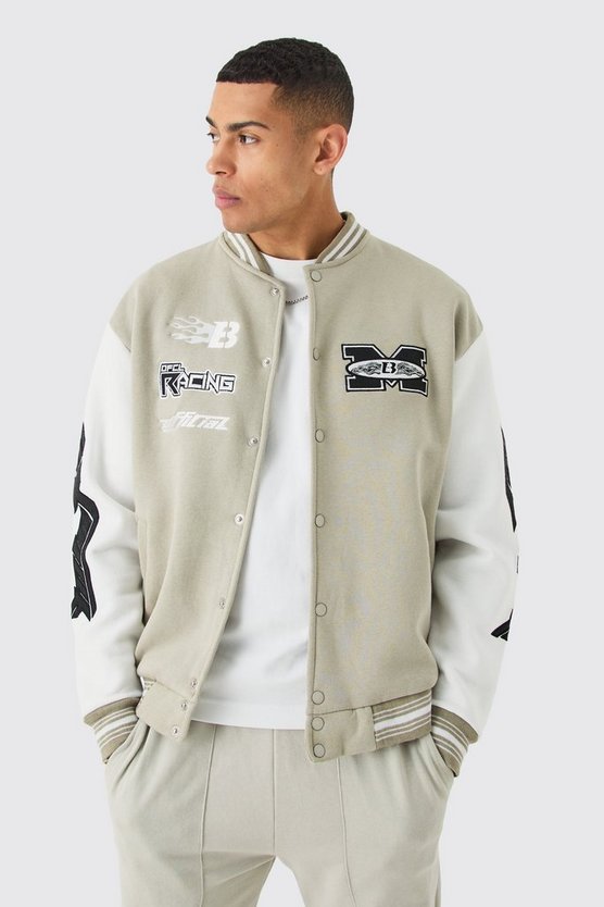 Oversize Jersey-Bomberjacke mit Moto-Applikation