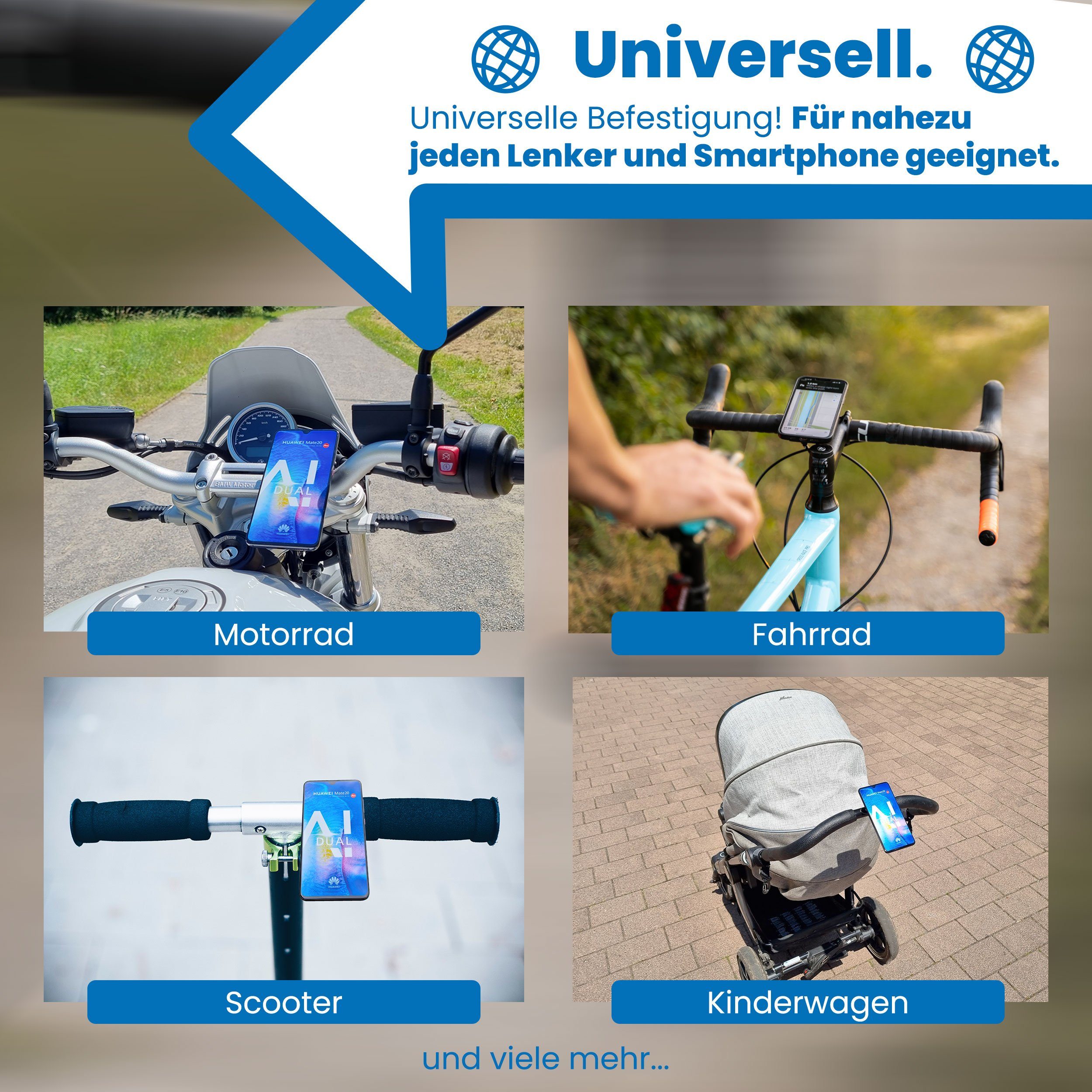 Bauer United Bauer United Universal 2.0 Handyhalterung Fahrrad Magnet, Made in Germany, robuste Magnethalterung für E Bike, Motorrad, E Scooter und Kinderwagen, Fahrrad Handyhalterung Magnet für jedes Handy Smartphone-Halterung, (Magnetisch, Stabil,
