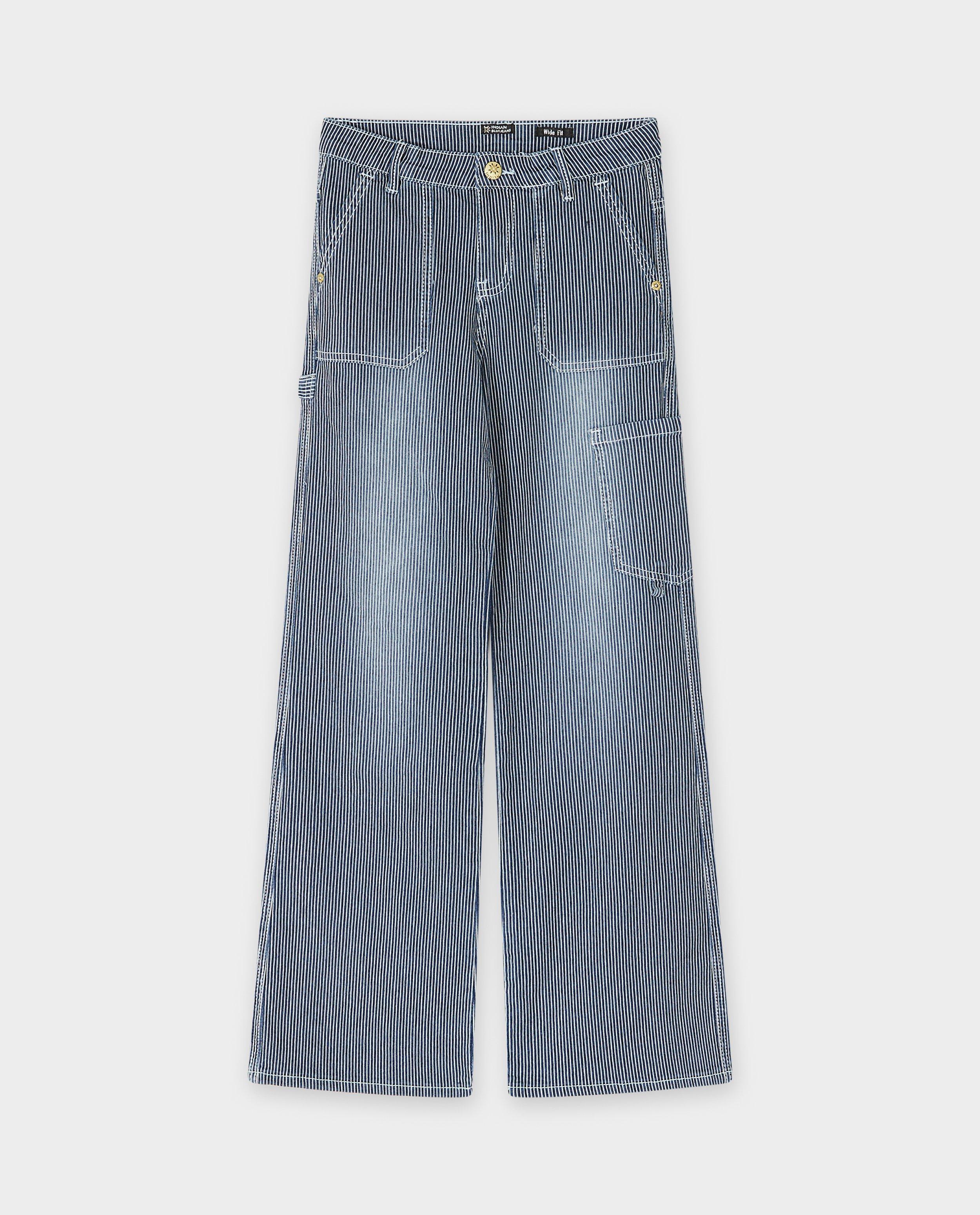 Blugi cu dungi Indian Blue Jeans, croială largă, albastru închis