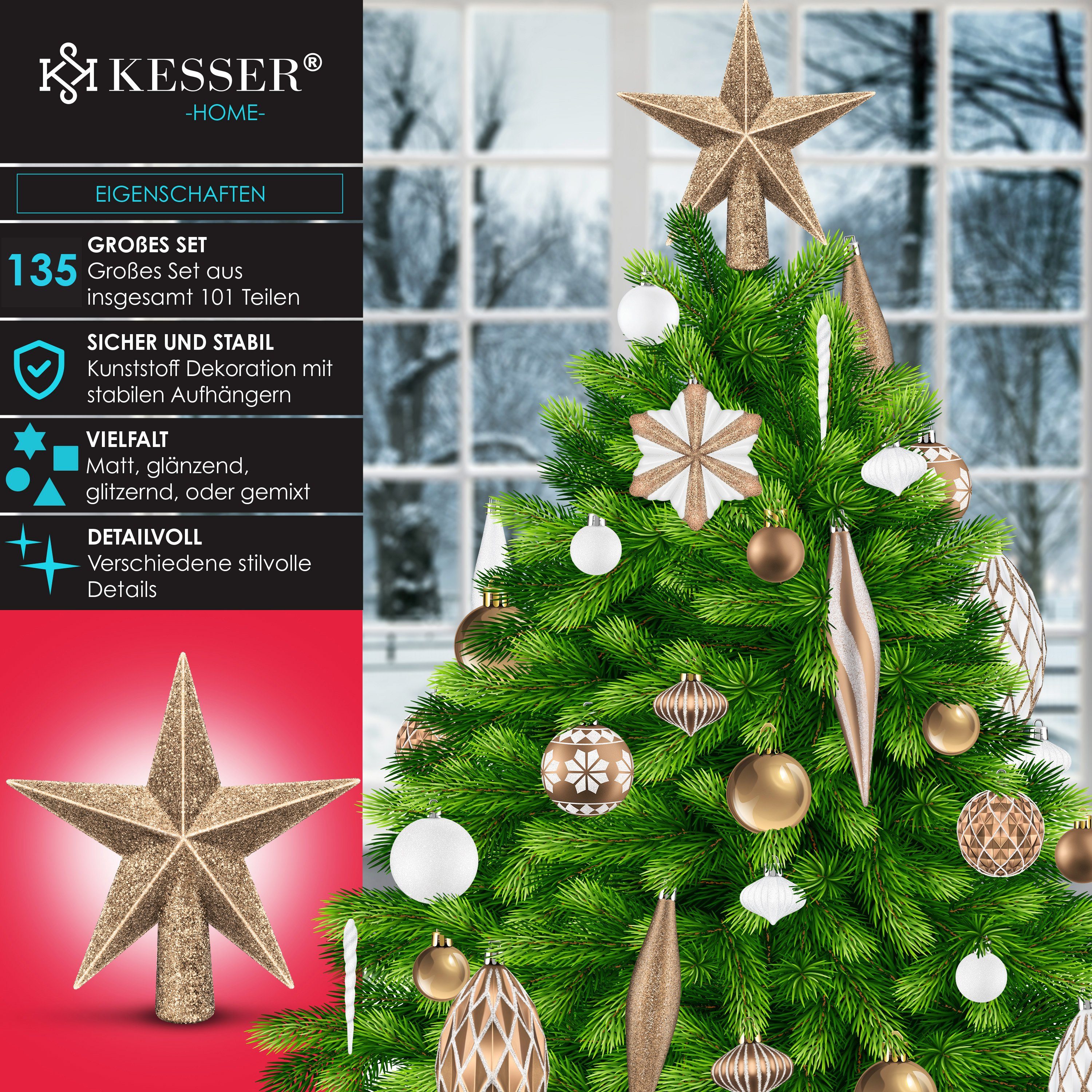 KESSER Christbaumschmuck (135-tlg), Weihnachtskugeln 105-teiliges Set Baumspitze Christbaumkugeln