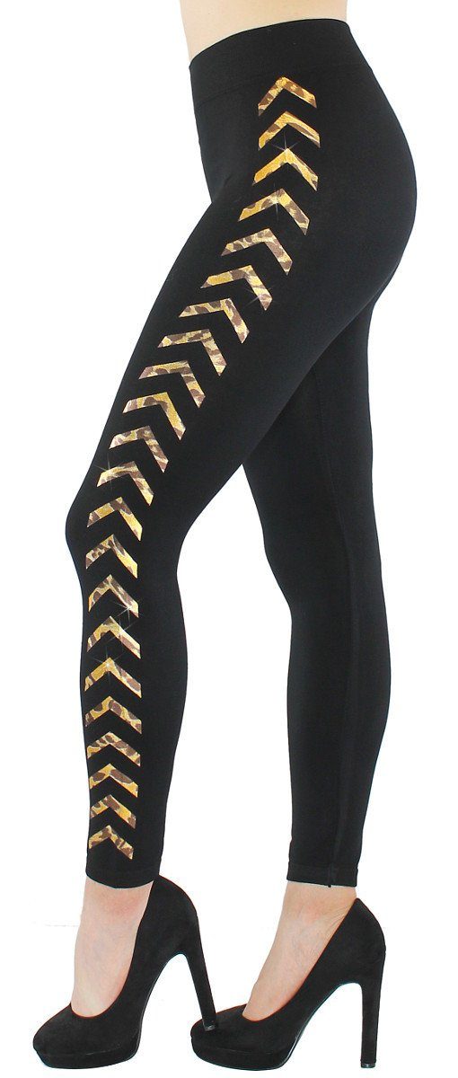 dy_mode Highwaist Leggings Damen Leggings mit Glanz Druck Pfeile Muster Glitzer Leggins Schwarz mit elastischem Bund