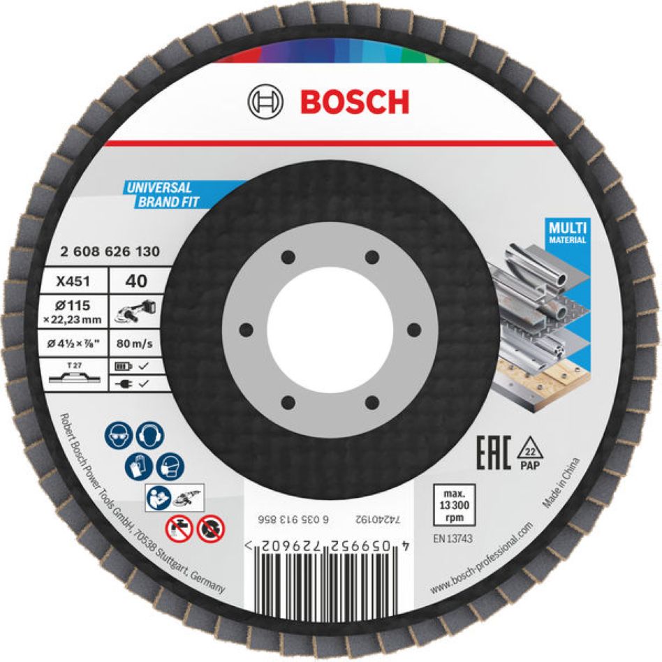 Disco de lixa flap Bosch Blue Accessories 2608626130 X451 Multi Material Ø115 mm grão 40 versão reta