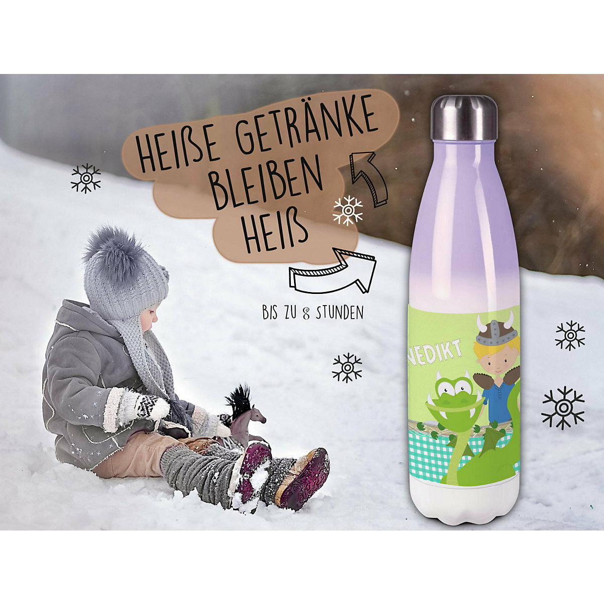 Edelstahl Kinder Thermoflasche / Trinkflasche bunt Wikinger Spülmaschinenfest, Auslaufsicher, Bruchfest, Doppelwandig, Für Heißgetränke geeignet, Mit Deckel, Isoliert