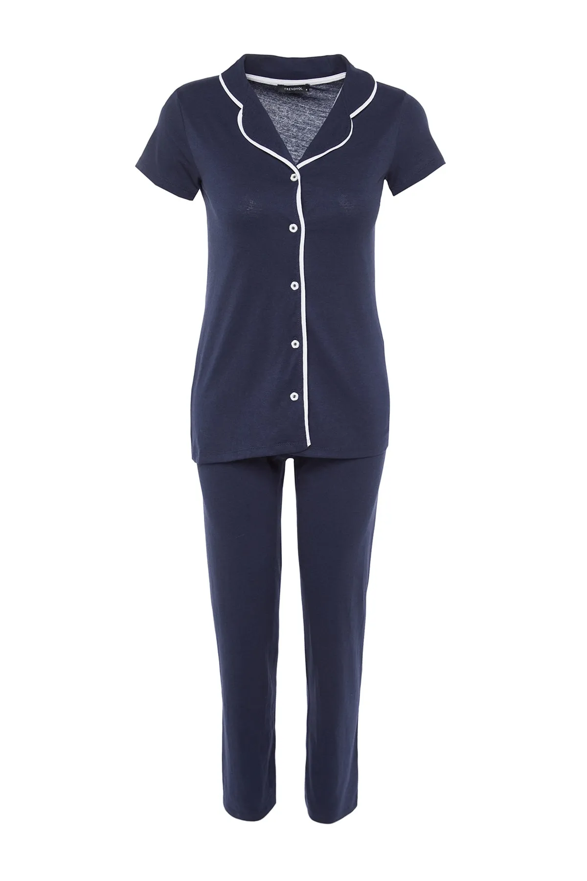 Trendyol Collection  Marineblaues, mit Baumwollpaspeln versehenes, gestricktes Pyjama-Set aus Hemd und Hose THMAW22PT1038