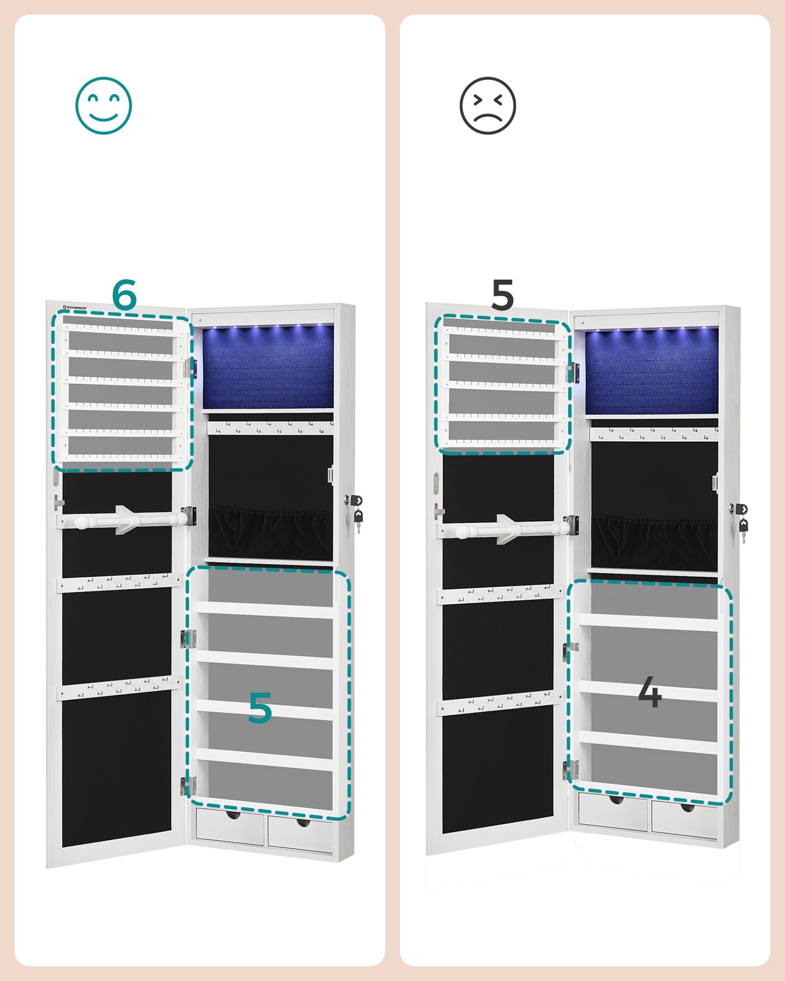 SONGMICS Schmuckschrank Spiegelschrank mit LED und Ganzkörperspiegel, weiß