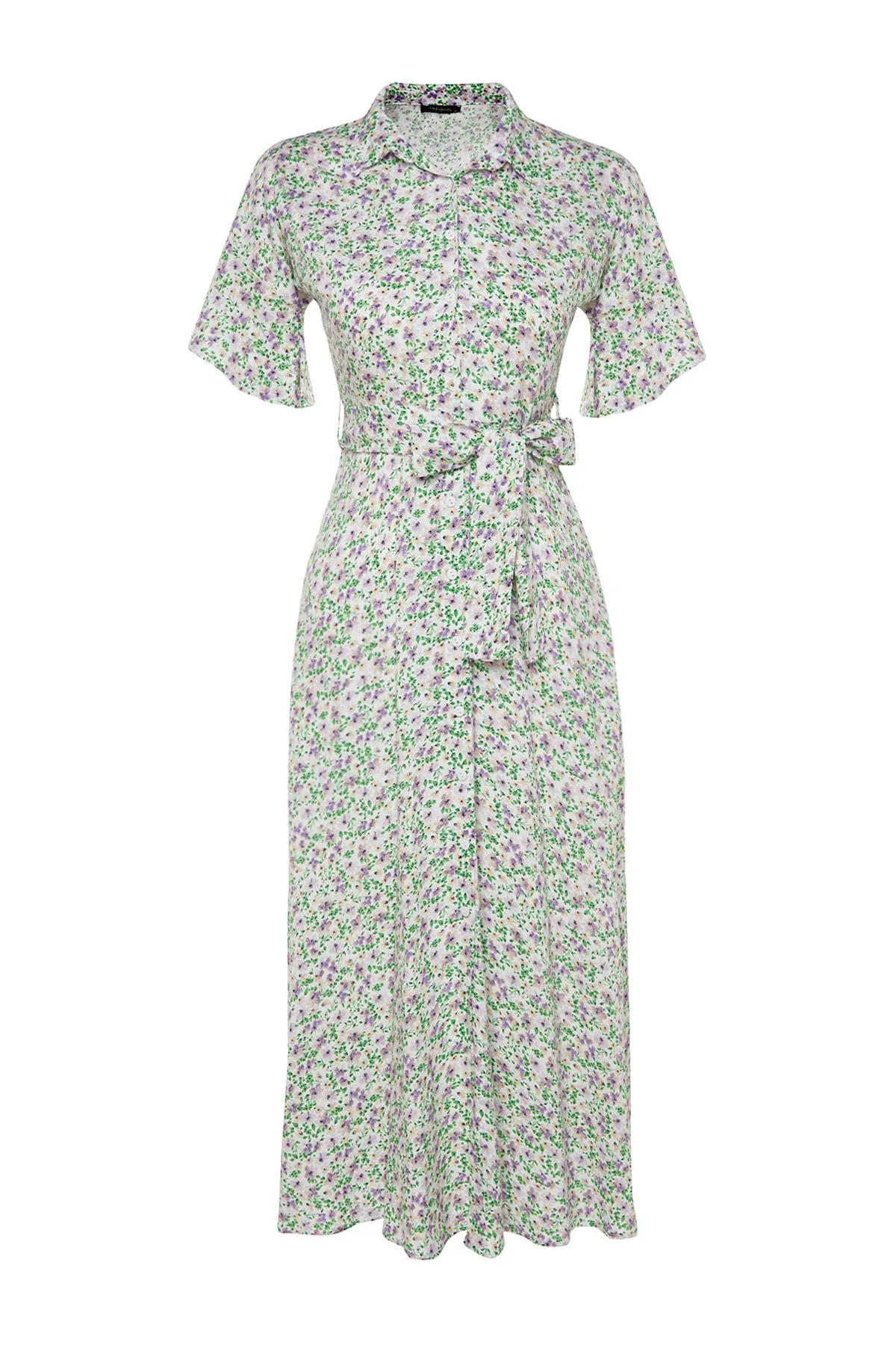 Trendyol Collection  Lilafarbenes, gewebtes Maxi-Hemdkleid aus Viskose mit Blumendruck und Gürtel TWOSS19EL0094