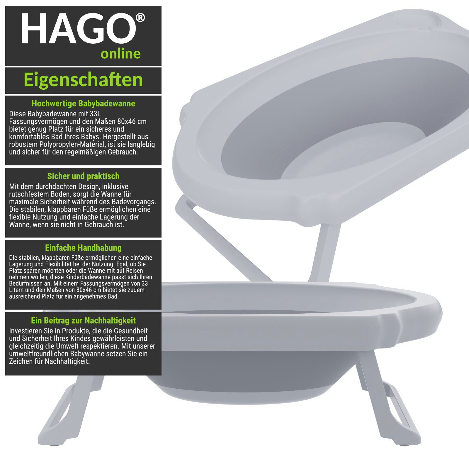 HAGO Badesitz Babybadewanne Babywanne Reisebadewanne klappbar 33L weiß grau anti-rut