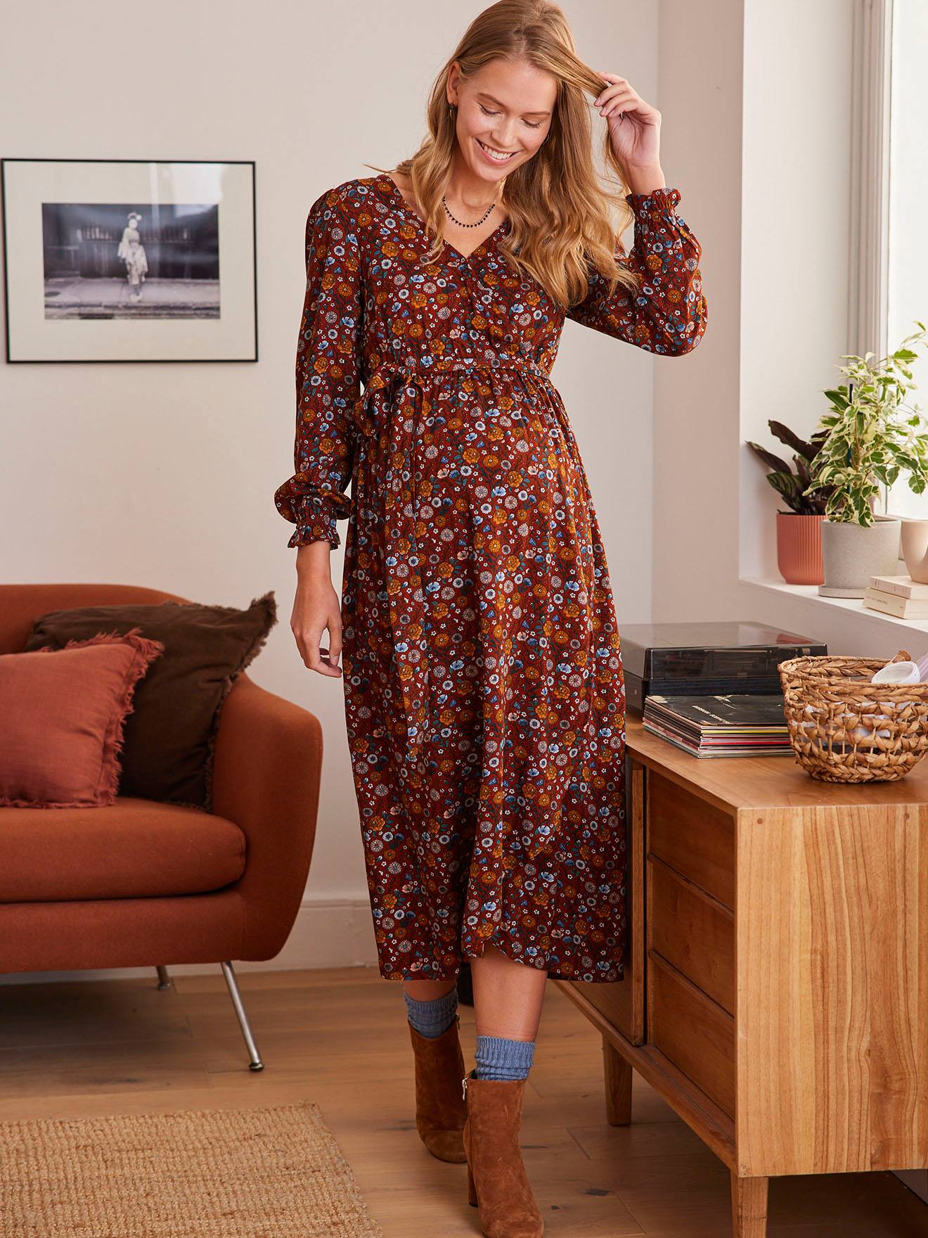 Robe longue cache-coeur grossesse et allaitement bordeaux imprimé