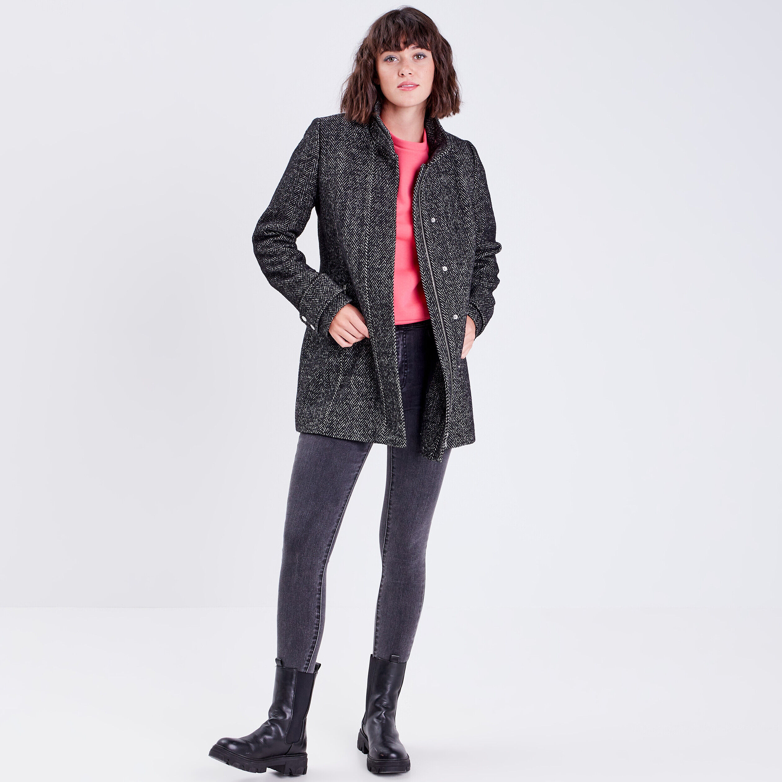 Manteau droit zippé noir femme | Cache Cache