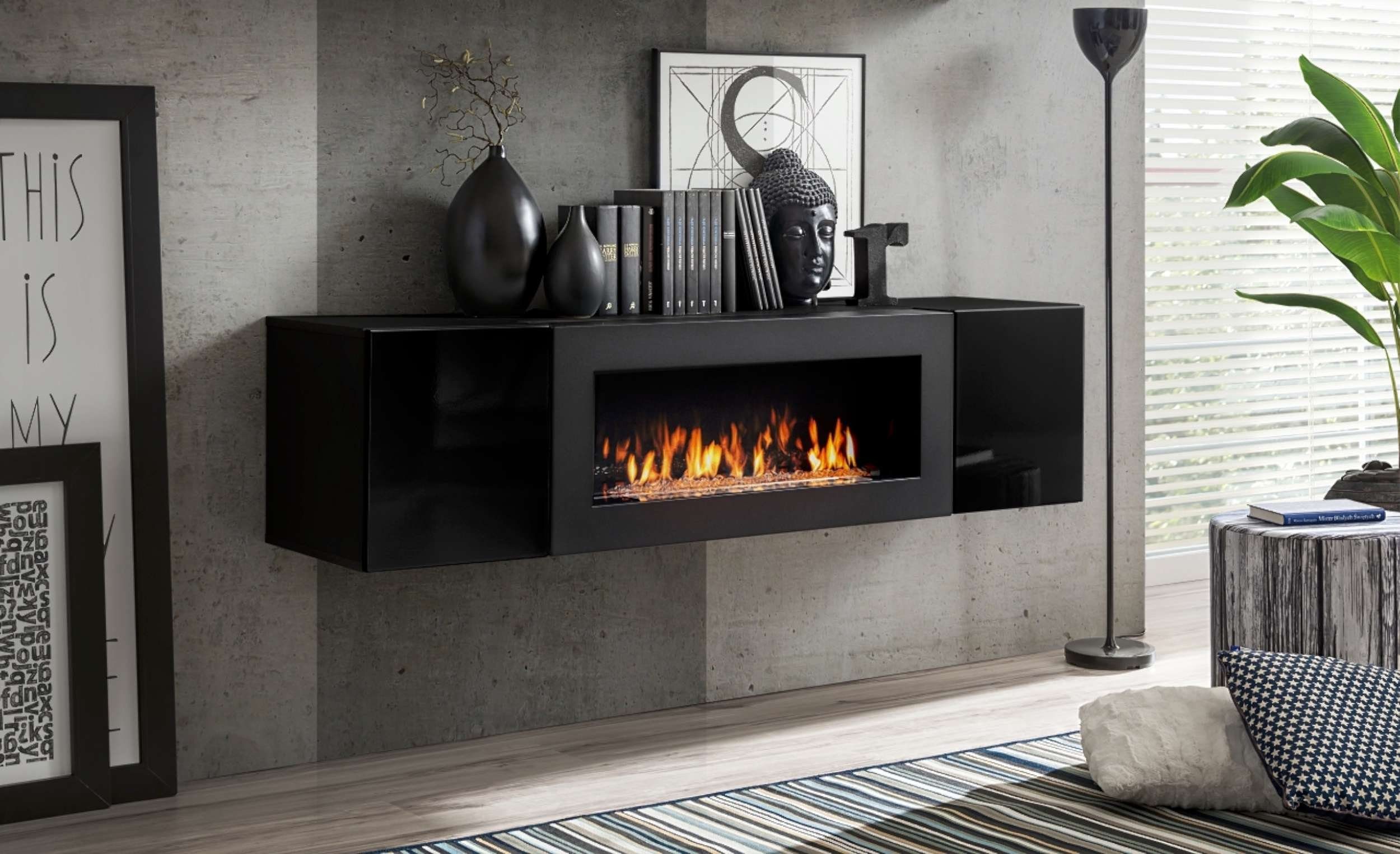 Stylefy Lowboard Fli SBK (TV-Kommode, TV-Schrank, Fernsehschrank), mit Kamin, viel Stauraum, stehend, Modern Design, Hochglanzfront, mit Push-to-Open, aus Holzwerkstoff