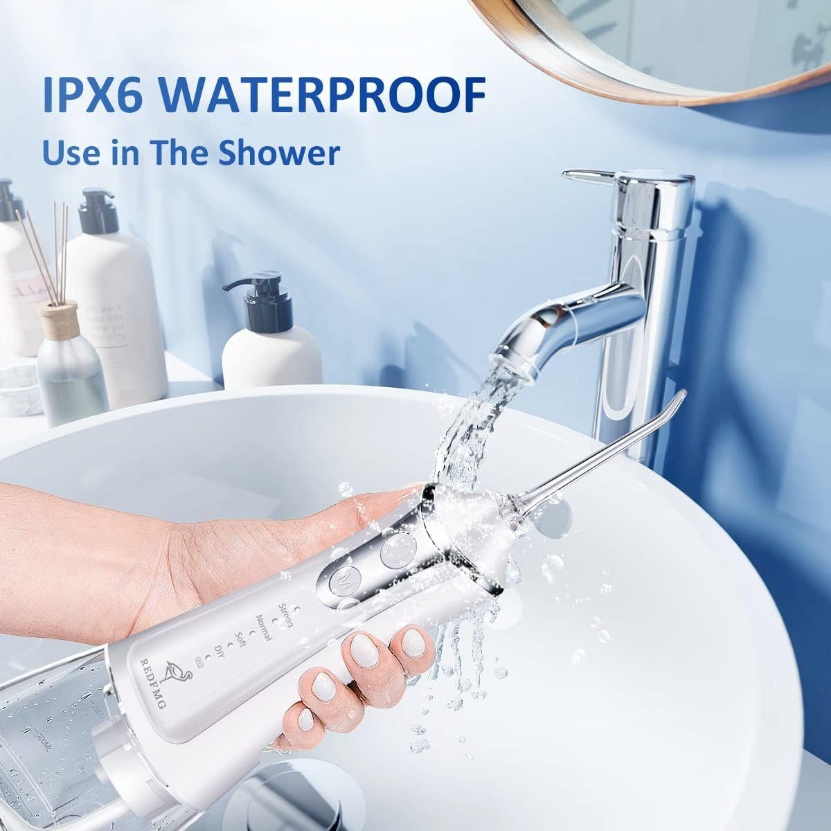 Powerwill Munddusche Munddusche Kabellos 4 Reinigungsmodi 5 Jet-Tipps, Mundduschen, Munddusche Wasserdicht Einsatz in Dusche, Tragbare 300ML Zahndusche