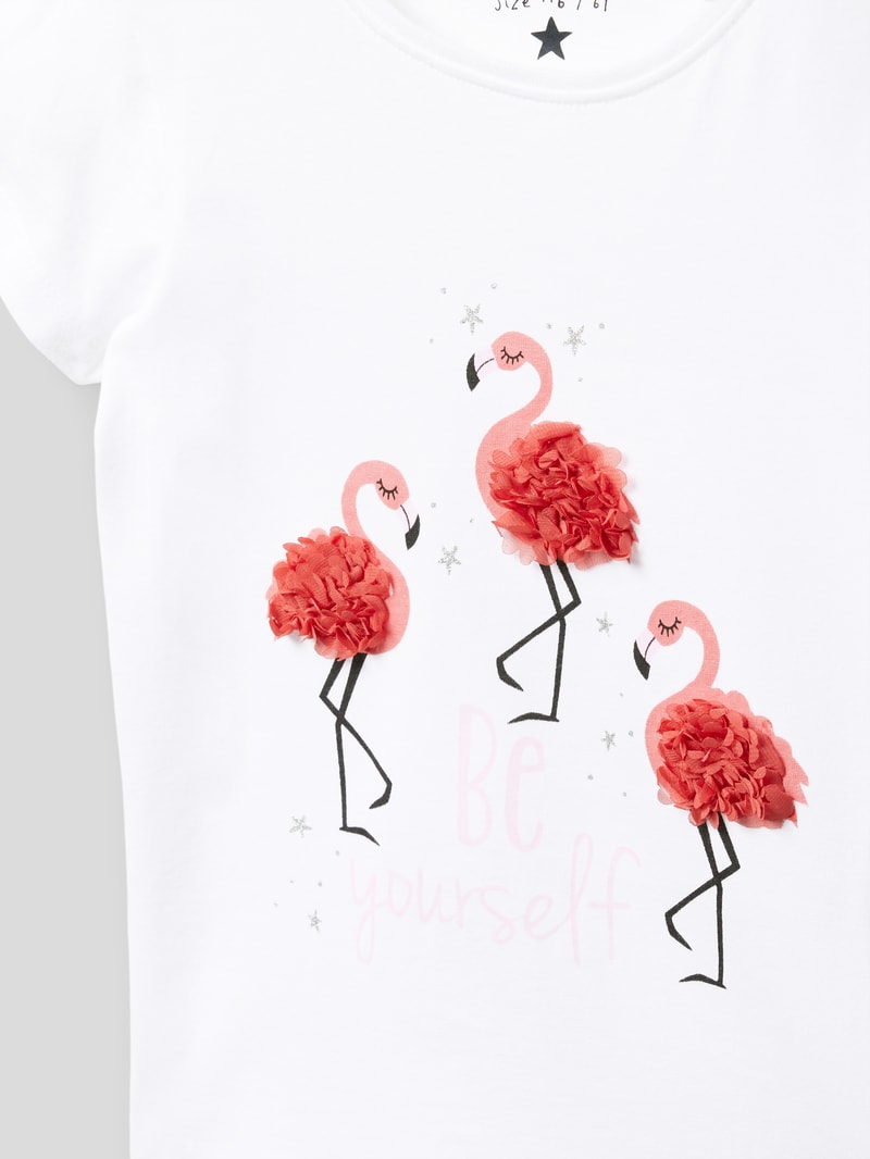 T-Shirt mit Motiv-Print mit Rüschenapplikation in weiß