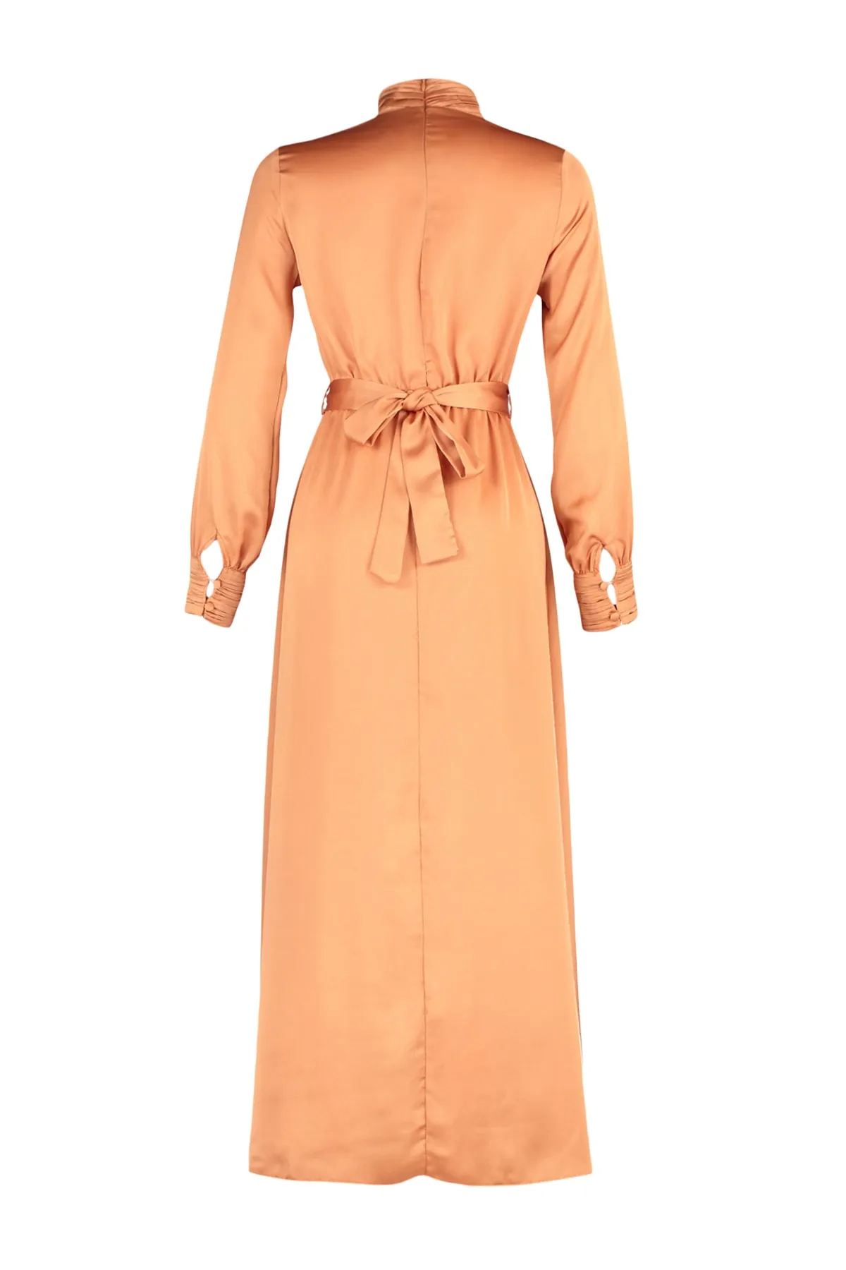 Trendyol Modest  Orangefarbenes gewebtes Abendkleid mit drapiertem Kragen und Manschetten, Gürtel TCTSS22EB0142
