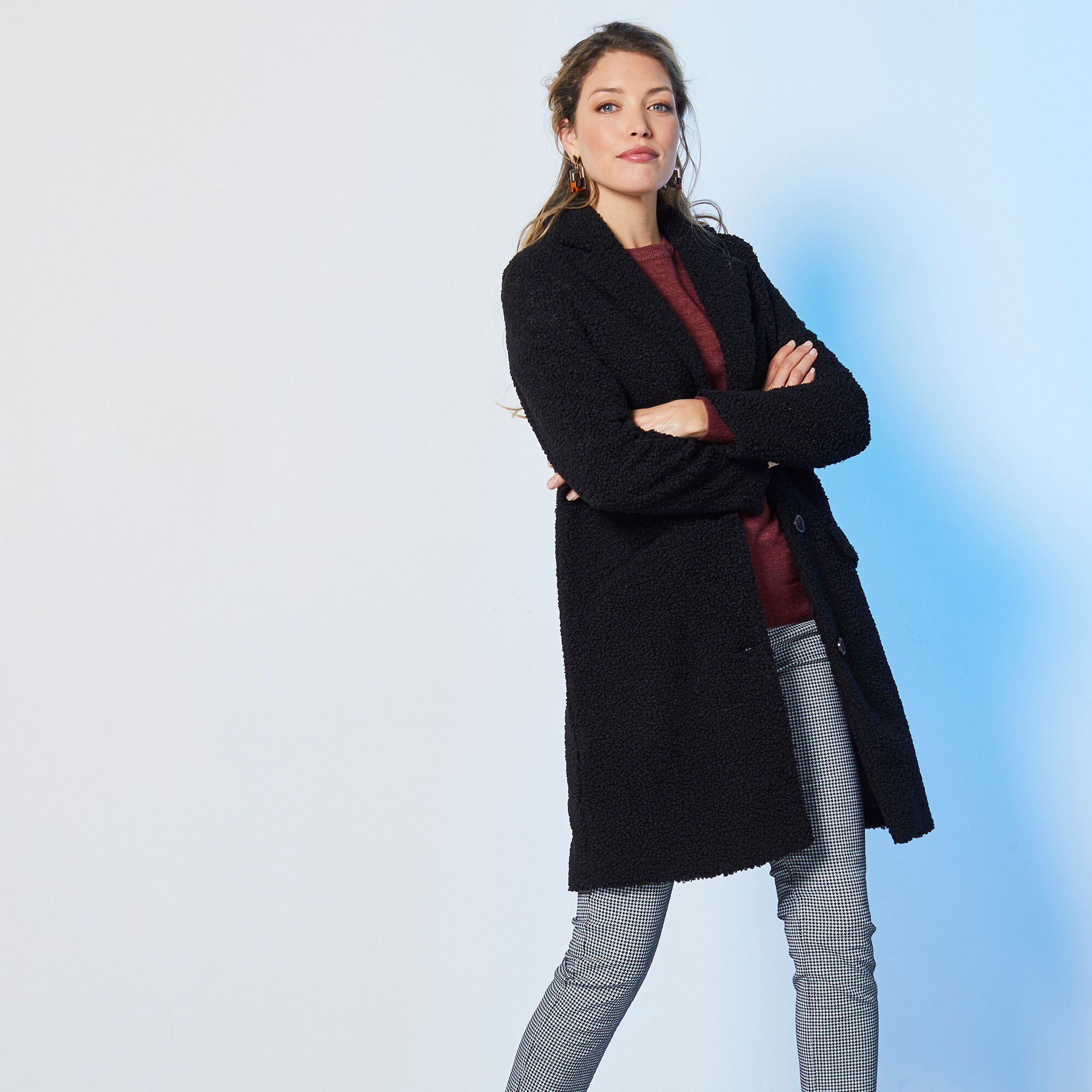 Manteau maille bouclette col tailleur