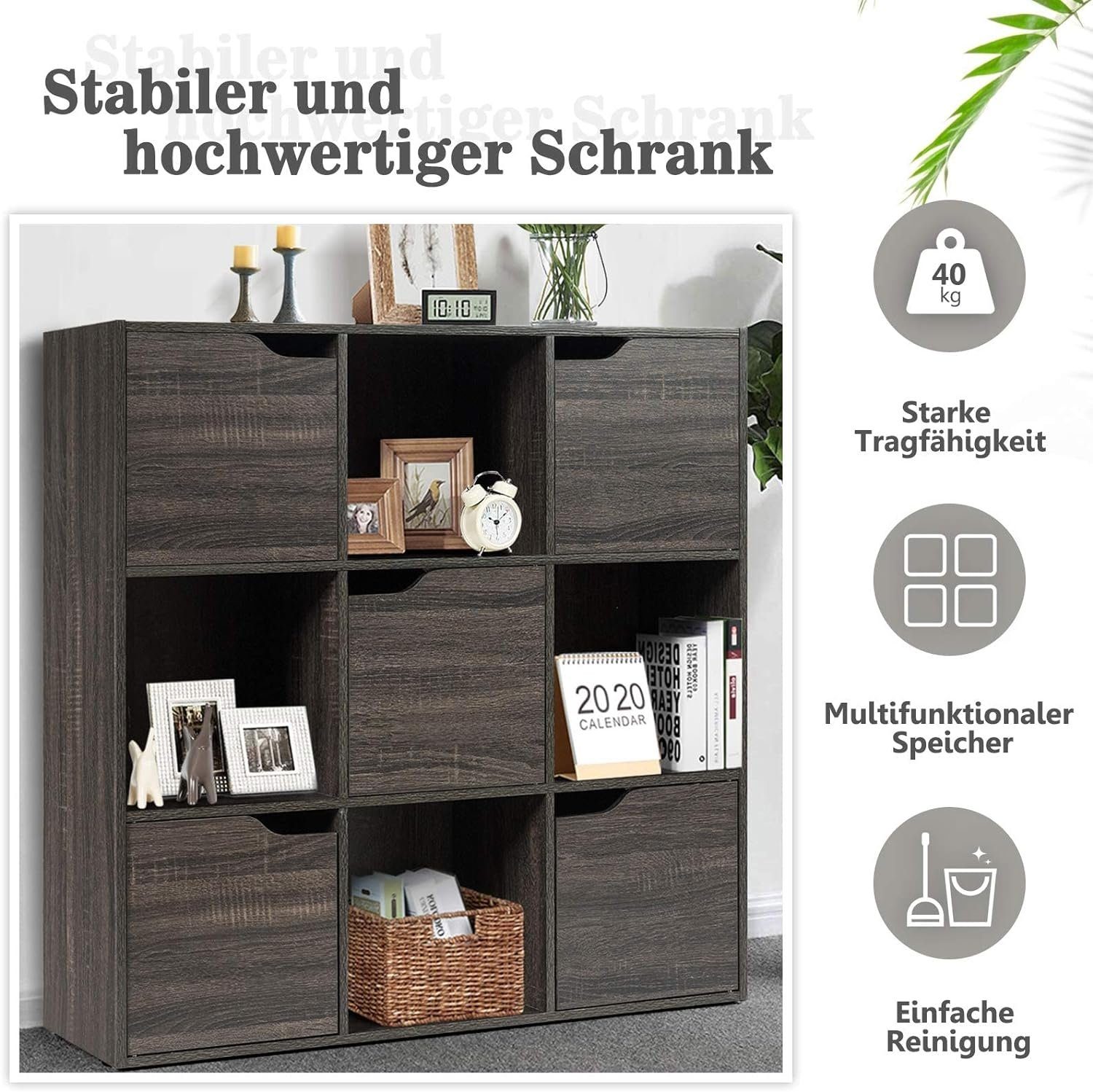 KOMFOTTEU Bücherregal Würfelregal mit 9 Fächern & 5 Türen, 90x29x90cm, grau