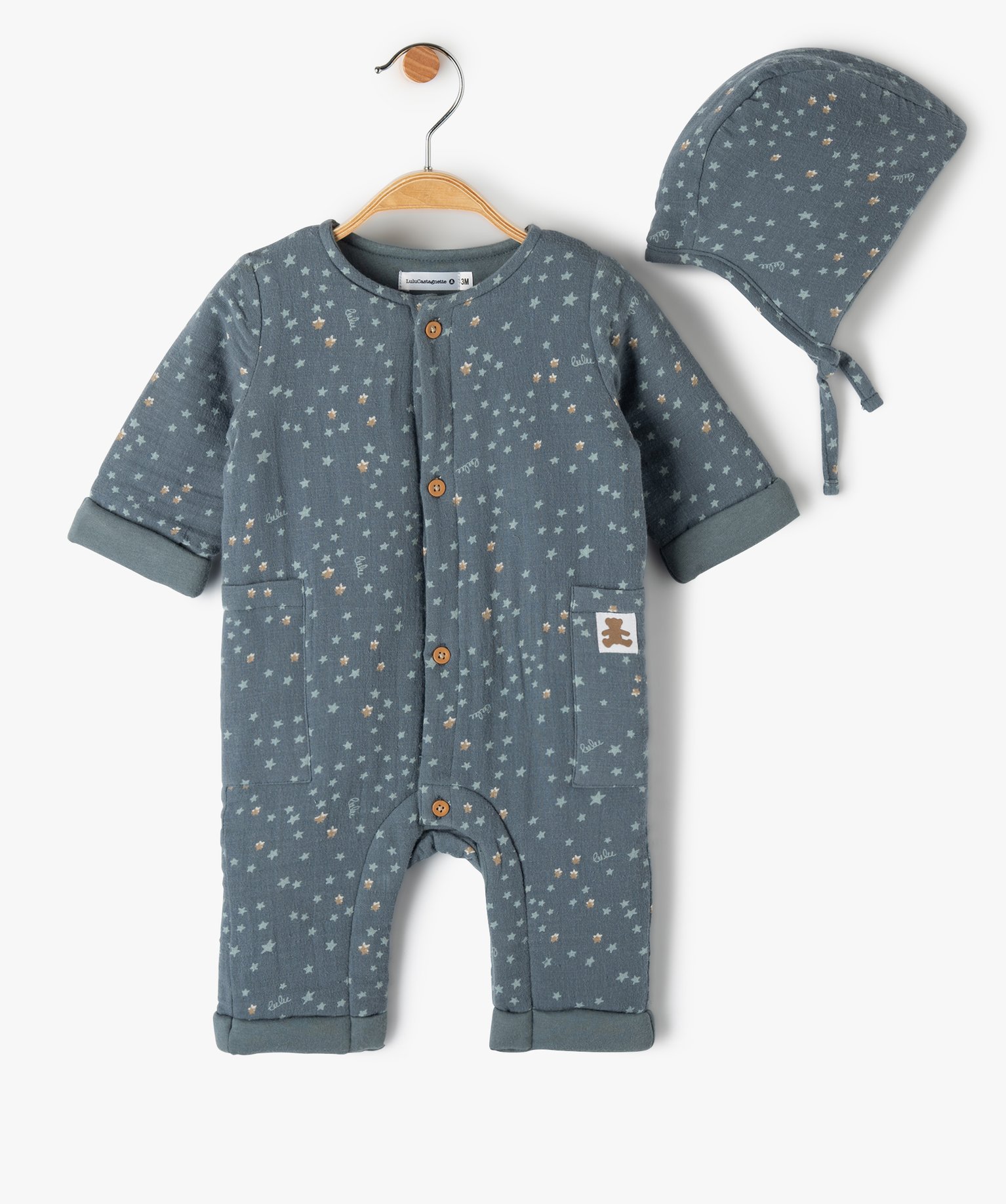 Ensemble bébé 2 pièces : combinaison et bonnet imprimés ... bleu | GEMO