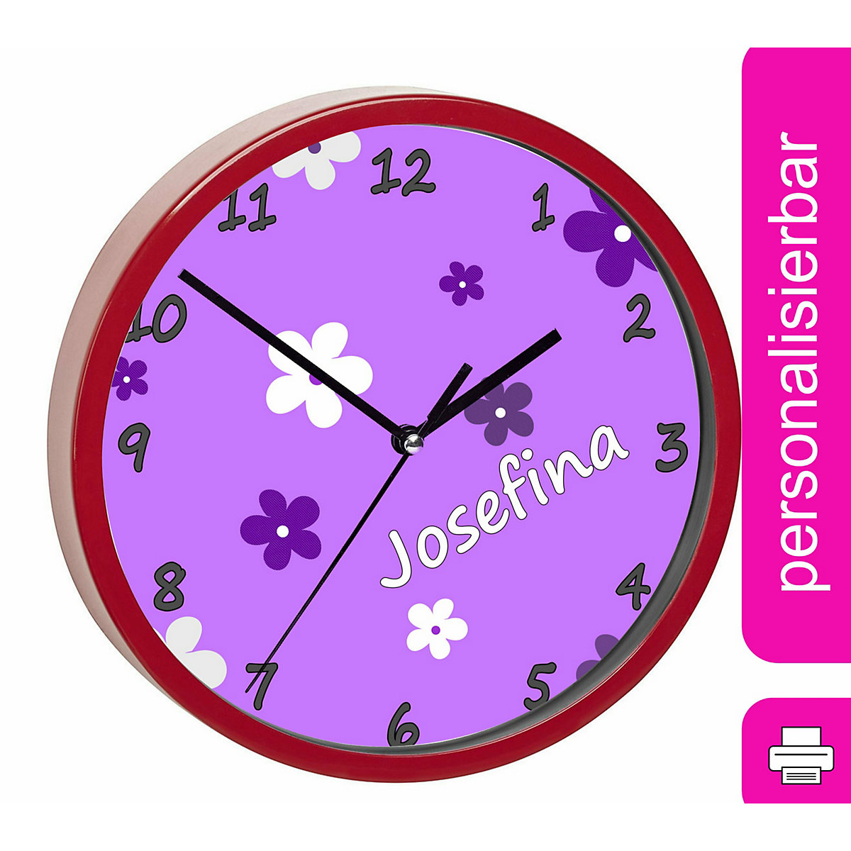 Kinder Wanduhr laufruhig personalisiert mit Name Blumenranke Lila