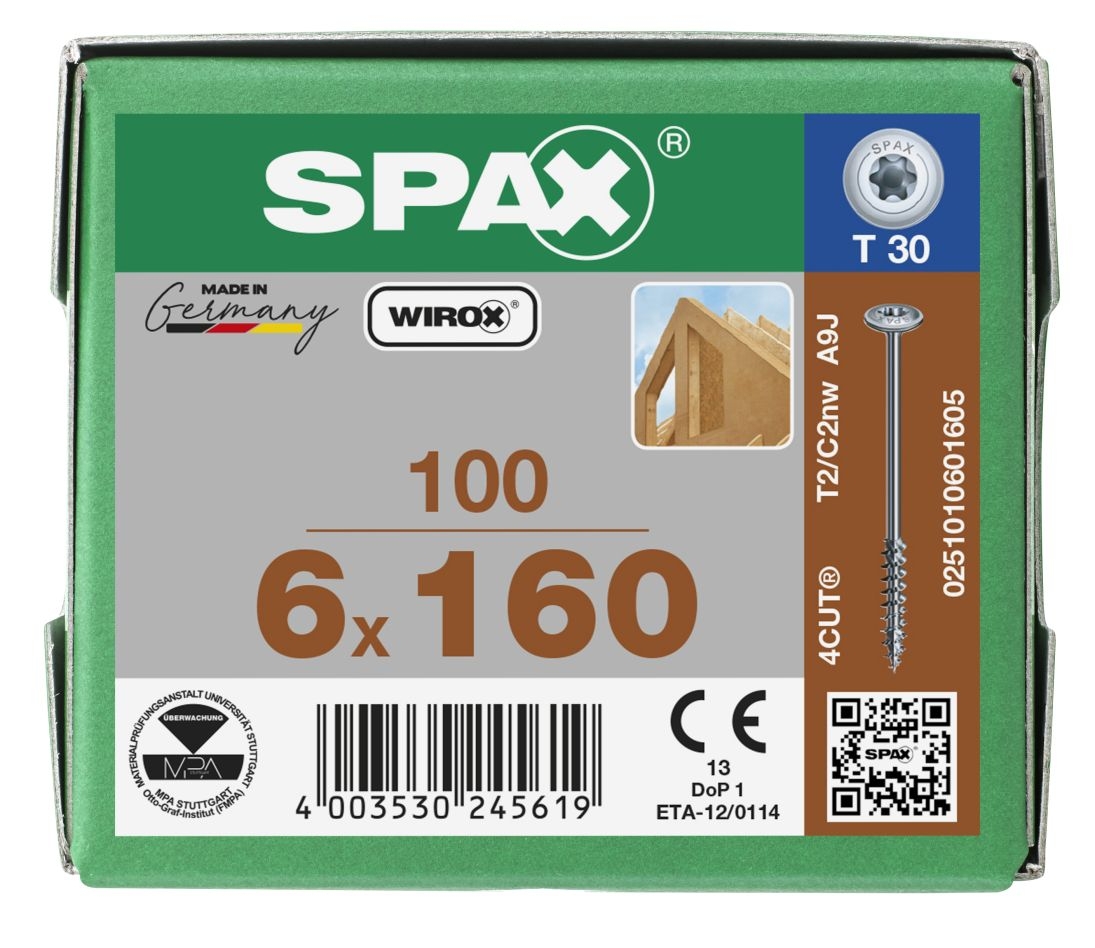 SPAX 0251010601605 HI.FORCE, 6 x 160 mm, 100 sztuk, gwint częściowy, główka talerzowa, T-STAR plus T30, 4CUT, WIROX