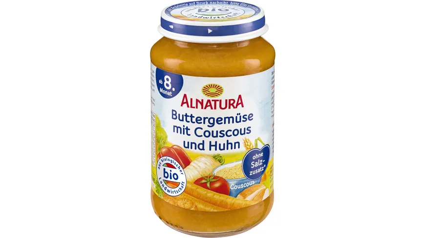 Alnatura Bio Buttergemüse-Couscous mit Huhn, Babygläschen (ab 8. Mon.) 220 g