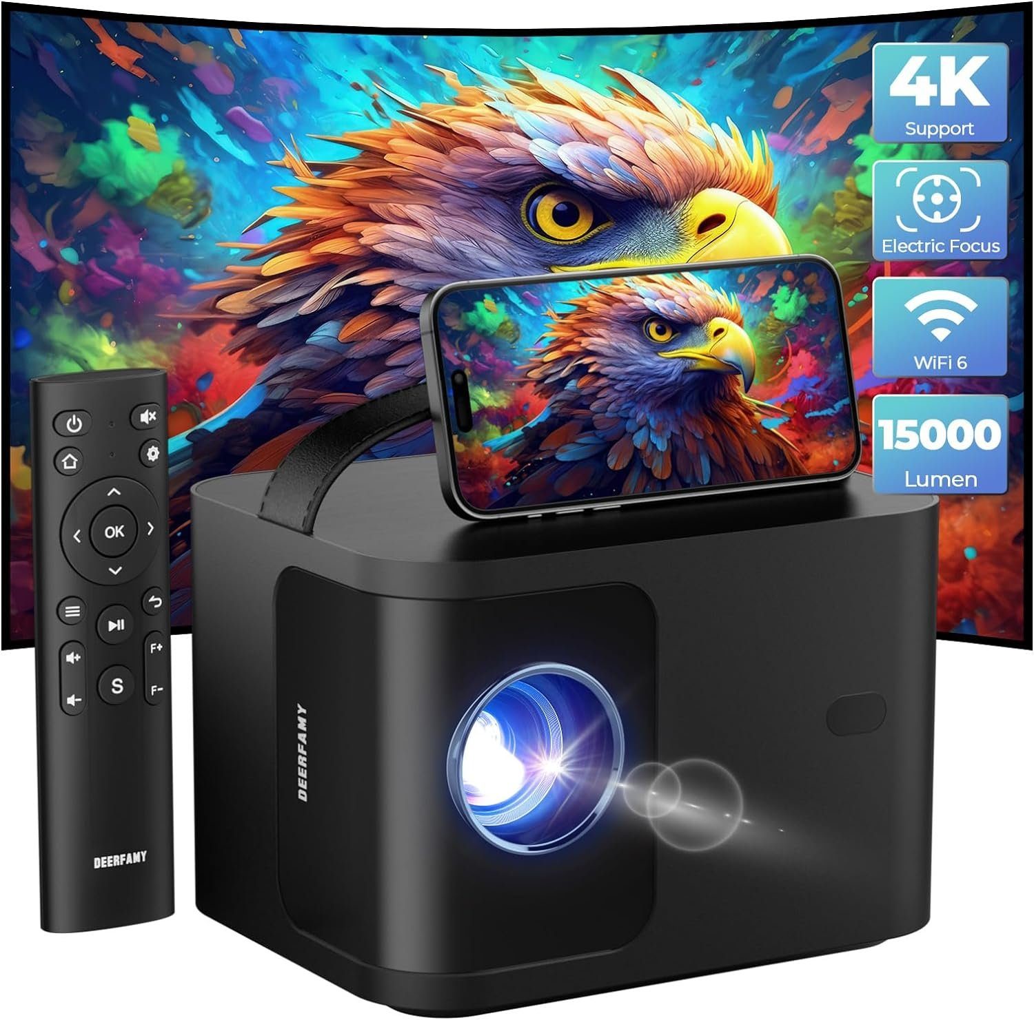 DEERFAMY 1080P 4K unterstützt ±40° Trapezkorrektur Portabler Projektor (15000 lm, 15000:1, Maximal 120