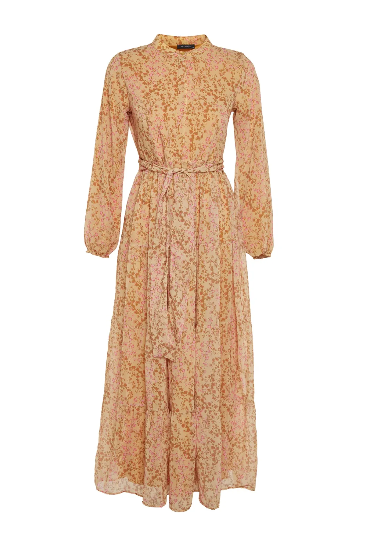 Trendyol Modest  Gelbes Kleid aus gewebtem Chiffon mit Blumenmuster, Gürtel, Stehkragen und Futter TCTSS21EL3346