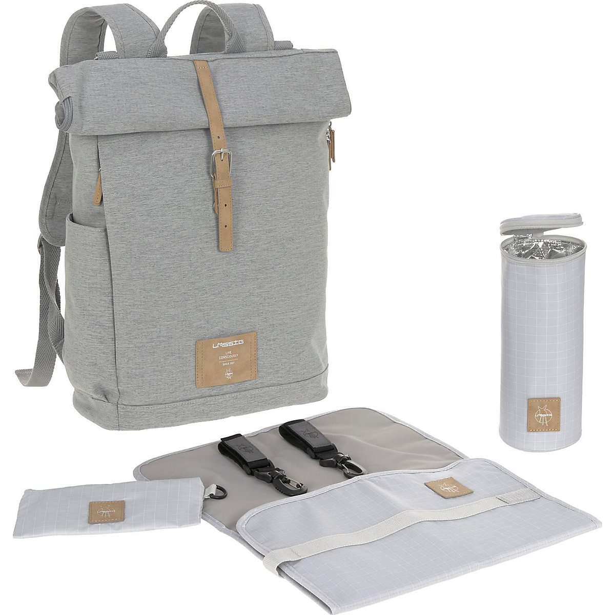 Wickelrucksack Rolltop grey/mélange, inkl. Zubehör & Wickelunterlage