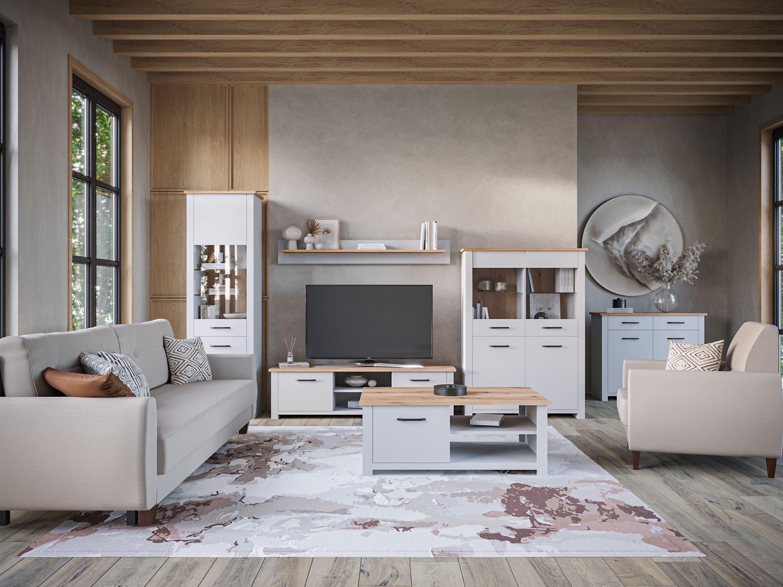 HYPE Rooms Wohnwand Wohnwand Wohnzimmer Sienna 5-teilig, TV-Bank, Vitrinenschrank, Vitrinenschrank schmal, Kommode, Couchtisch