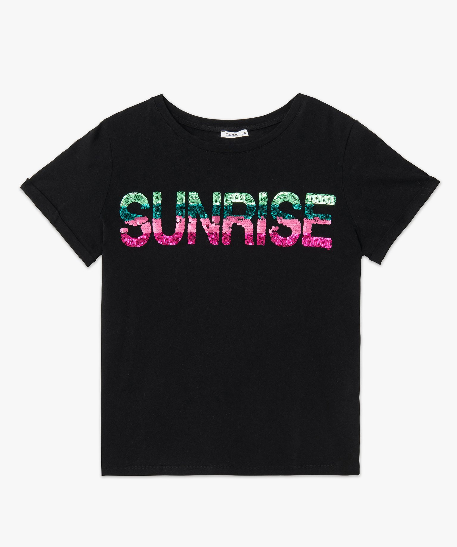 Tee-shirt femme à manches courtes avec inscription en sequins noir | GEMO