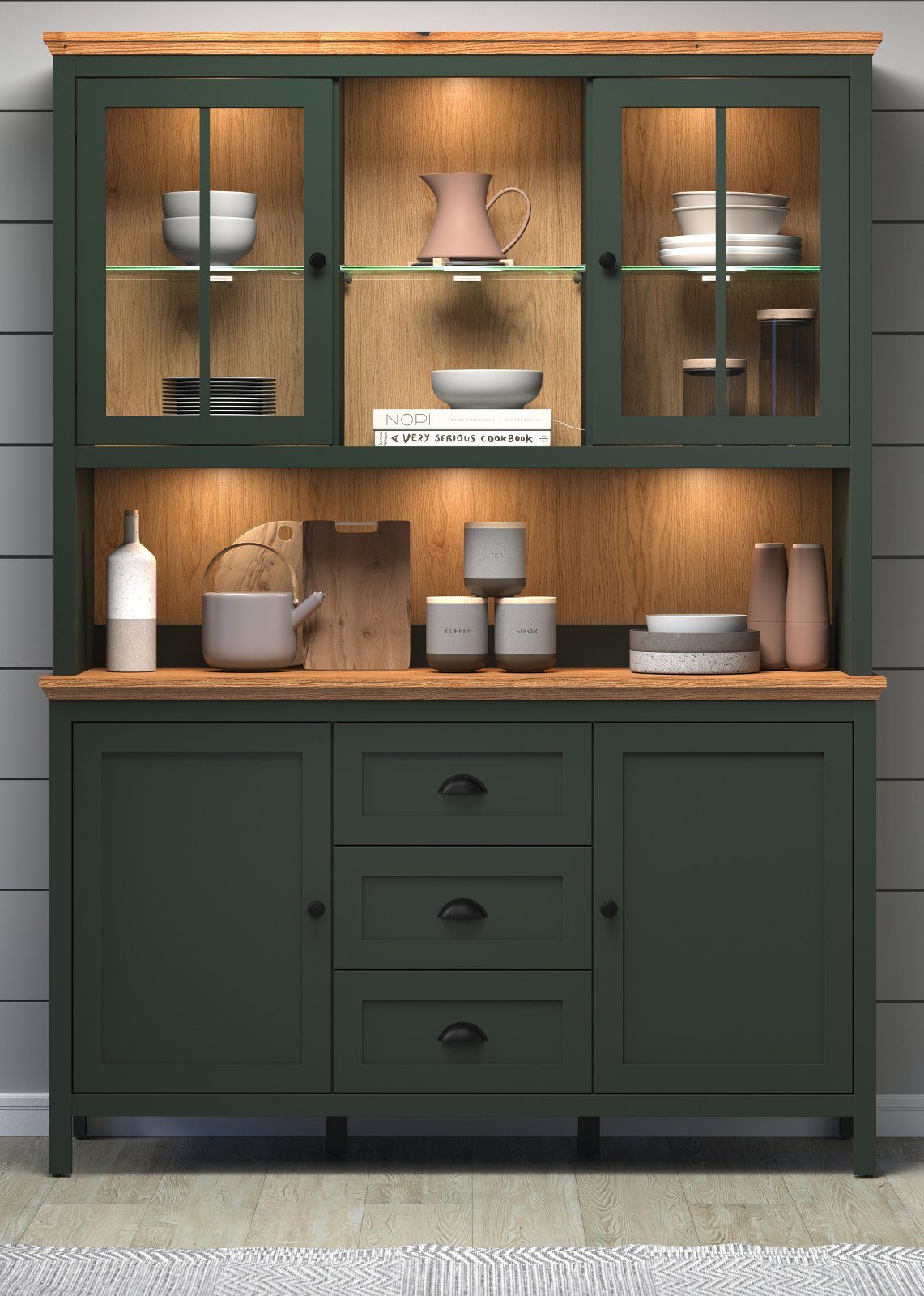 trendteam Buffet Stanton (Buffetschrank in Landhaus grün mit Eiche, 146 x 198 cm) mit LED Beleuchtung