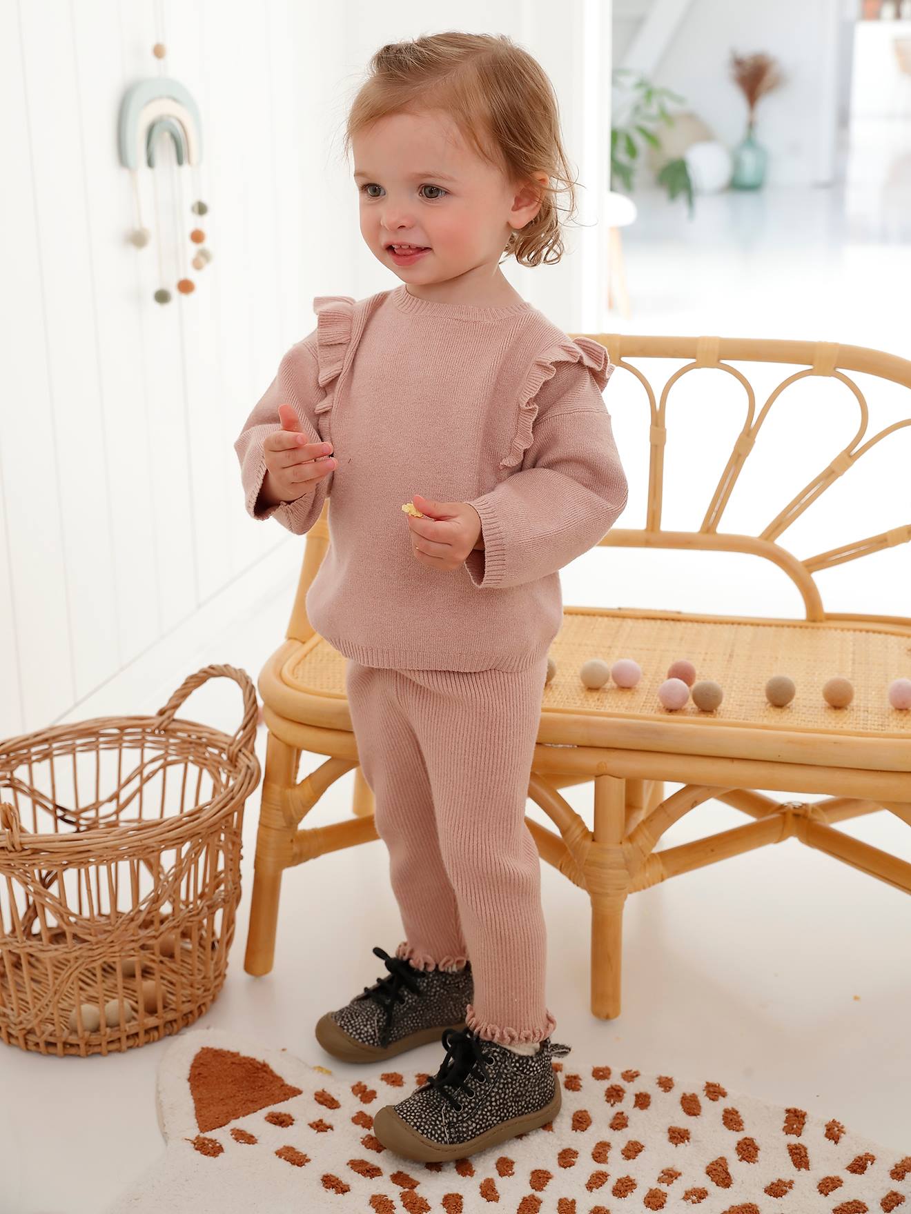 Ensemble bébé tricot pull + legging rose poudré