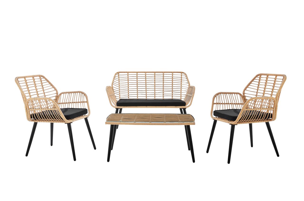Happy Home Happy Home Loungeset 4tlg. HGS46-SCH helles Rattan mit Sitzkissen in schwarz