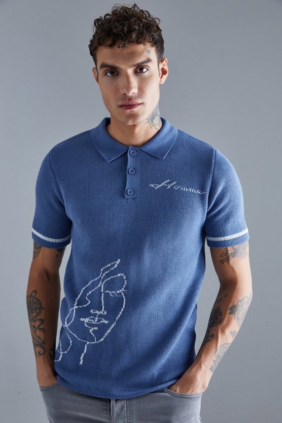 Muscle-Fit Strick-Poloshirt mit Print