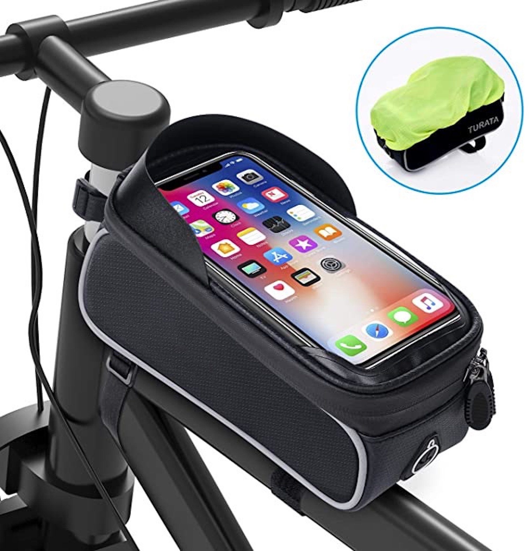 vokarala Fahrradtasche, Fahrrad Rahmentasche Wasserdicht Fahrradtasche Lenkertasche Handyhalterung Handyhalter Handytasche Oberrohrtasche mit Kopfhörerloch Reflektierend für Smartphone unter 6,5 Zoll