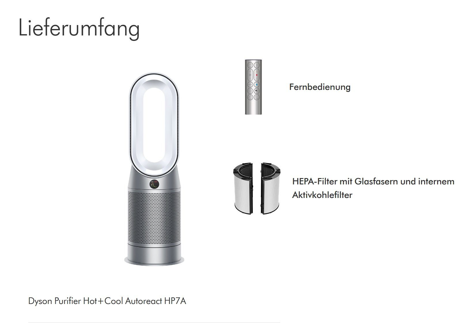 DYSON Kombigerät Luftreiniger, Ventilator und Heizlüfter HP7A Purifier Hot+Cool React 3in1 Ventilator Luftreiniger, Heizlüfter, für 45 m² Räume, leise Schlafzimmer geeignet, Allergiker Raucherzimmer Luftfilter 99,5%