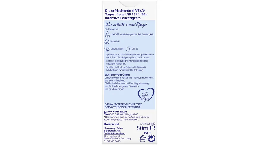 NIVEA Erfrischende Tagespflege 24h Feuchtigkeit Normale Haut und Mischhaut LSF 15 Tube 50 ml