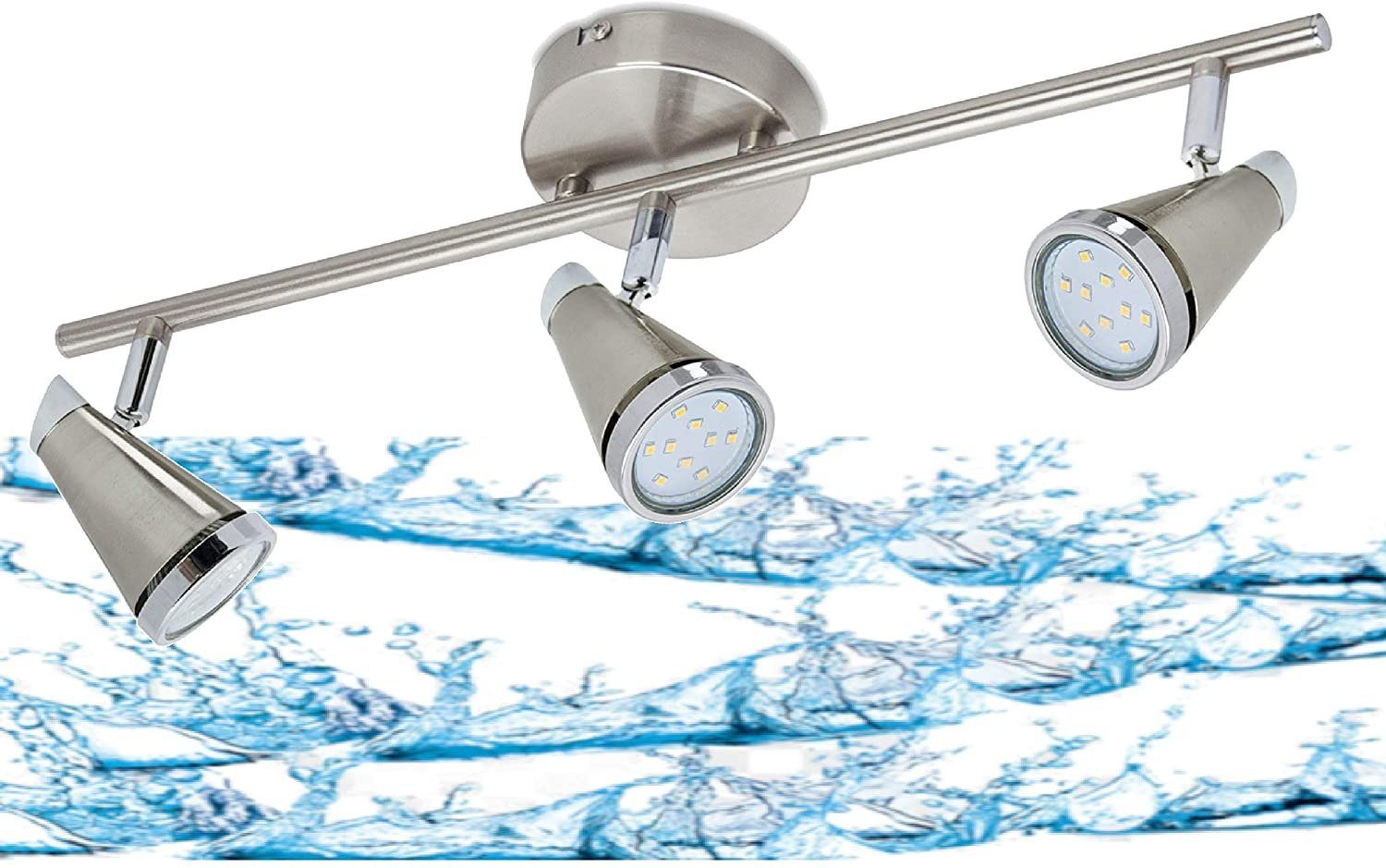 TRANGO LED Deckenleuchte, 3-flammig 1009-32 LED Badleuchte IP44 *WET* Bad Deckenleuchte in Nickel matt & Chrom, Flurlampe, WC Lampe, Deckenlampe, Deckenstrahler, inklusive 3x 5 W GU10 LED Leuchtmittel Spots schwenkbar