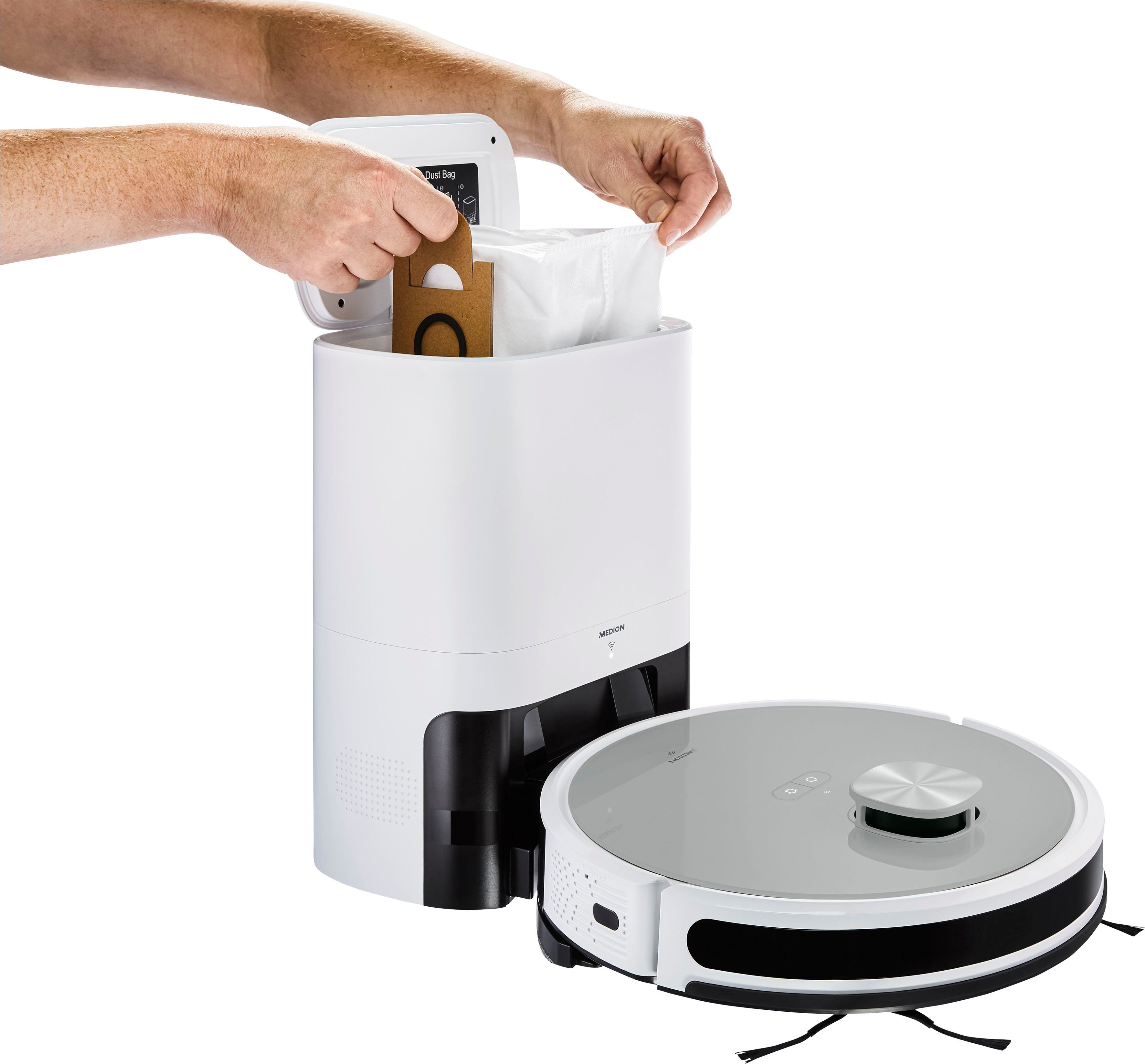Medion® Nass-Trocken-Saugroboter Saug- und Wischroboter mit Absaugstation (X21 SW), App Steuerung und automatische Entleerung