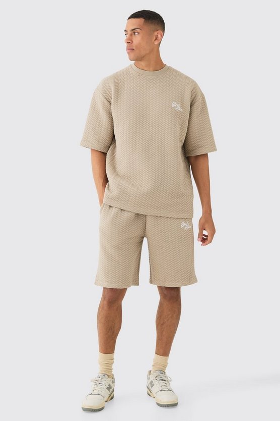 Gestepptes Oversize T-Shirt und Shorts mit Fischgräten-Print